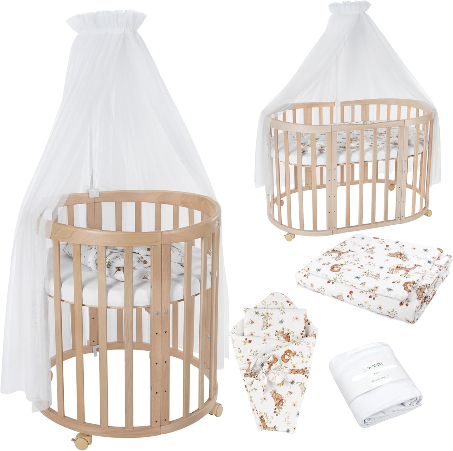 Waldin Oval Baby-Bett Mitwachsend Komplett Set 7in1, Gitterbett, Kinderbett mit Matratze, Wickelkommode, Beistellbett, Holz Weiß