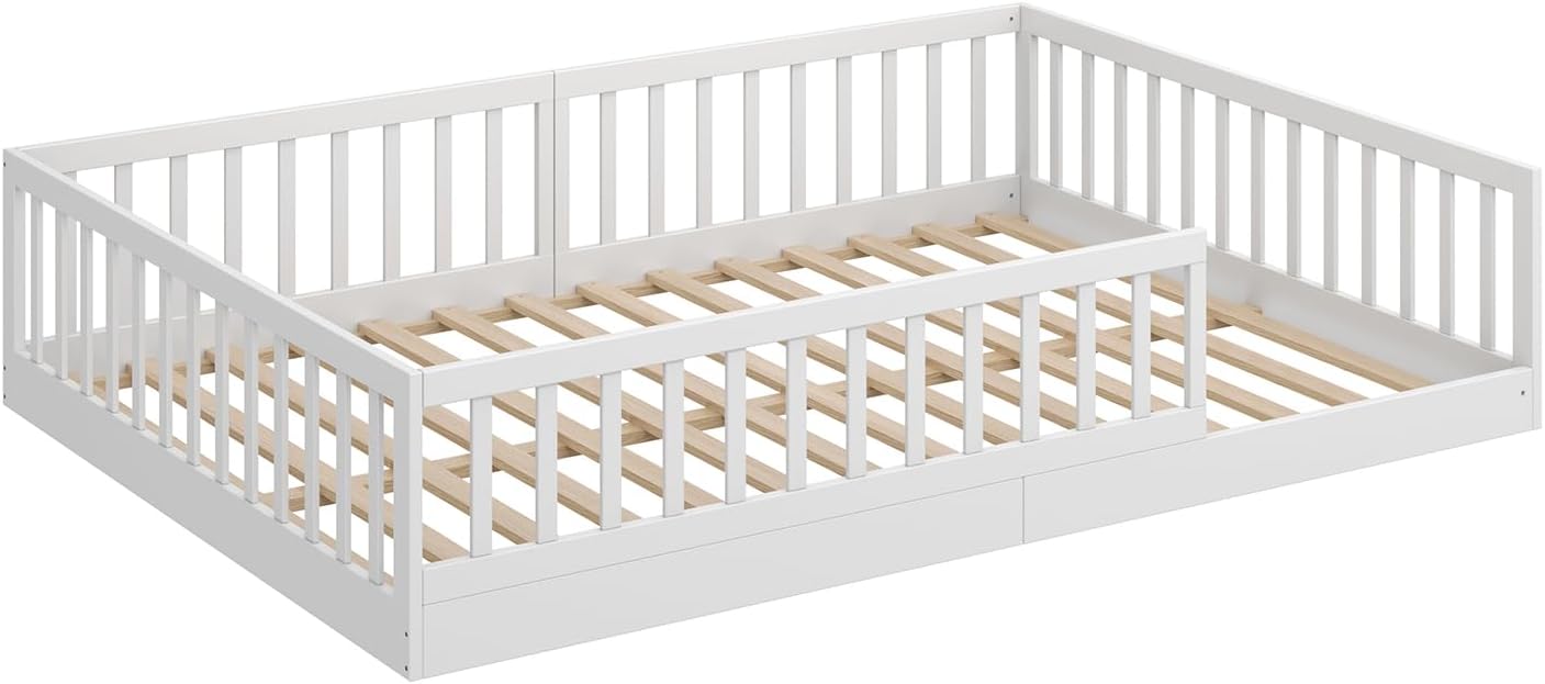 CADANI Timi 2in1 Bodenbett 140x200 cm Montessori Kinderbett mit abnehmbaren Rausfallschutz inkl. Lattenrost, Kiefer Massivholz, weiß - 3 Aufbauvarianten, bis 200 kg belastbar, umbaubar