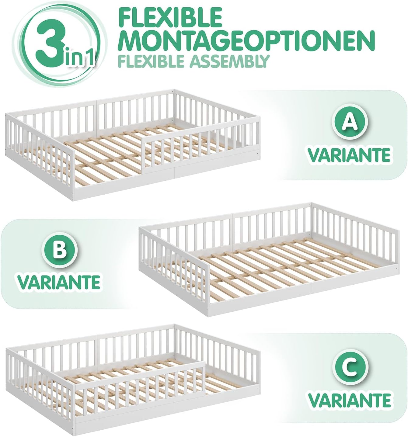 CADANI Timi 2in1 Bodenbett 140x200 cm Montessori Kinderbett mit abnehmbaren Rausfallschutz inkl. Lattenrost, Kiefer Massivholz, weiß - 3 Aufbauvarianten, bis 200 kg belastbar, umbaubar