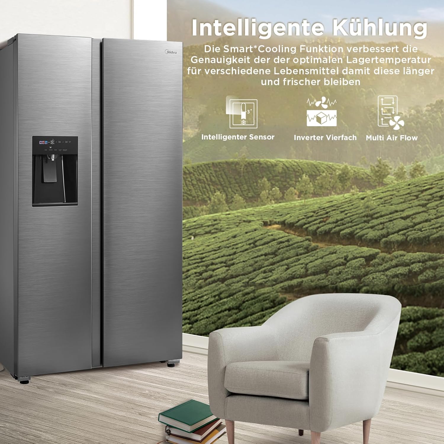 Midea KS-DDX 6.32 WT Side-by-Side Kühl-/Gefrierkombination/ 178,8 cm Hhe/ 254 kWh/Jahr/No Frost/Dual Inverter Compressor/mit 3in1 Wasser-/Eisspender und Wassertank, Dark Inox