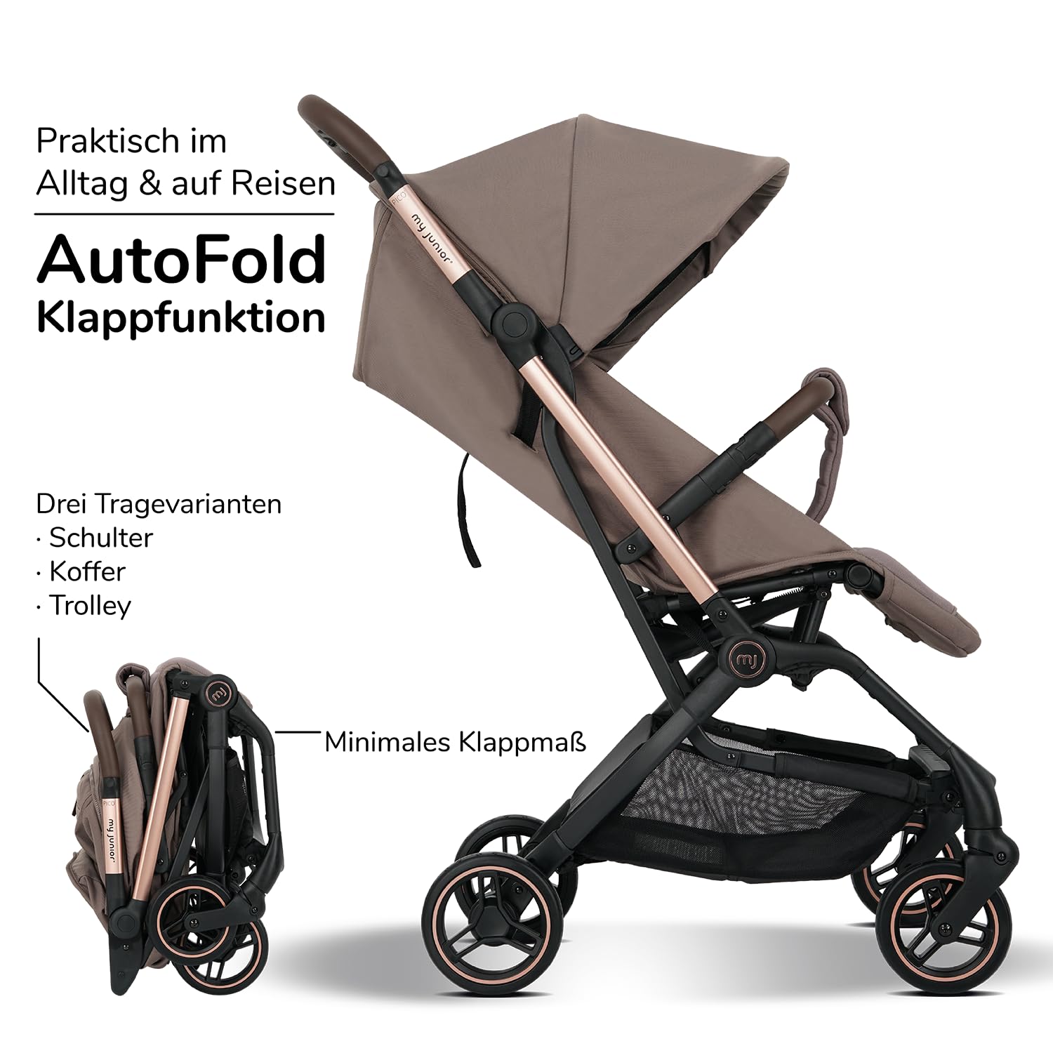 my junior Buggy PICO³ | bis 22kg | Einhand AutoFold-Klappmechanismus | Ergonomische Liegeposition nach IGR e.V. | großes Sonnenverdeck UV50+ | Handgepäckmaß | 2 Belüftungsfenster Hazel - Black