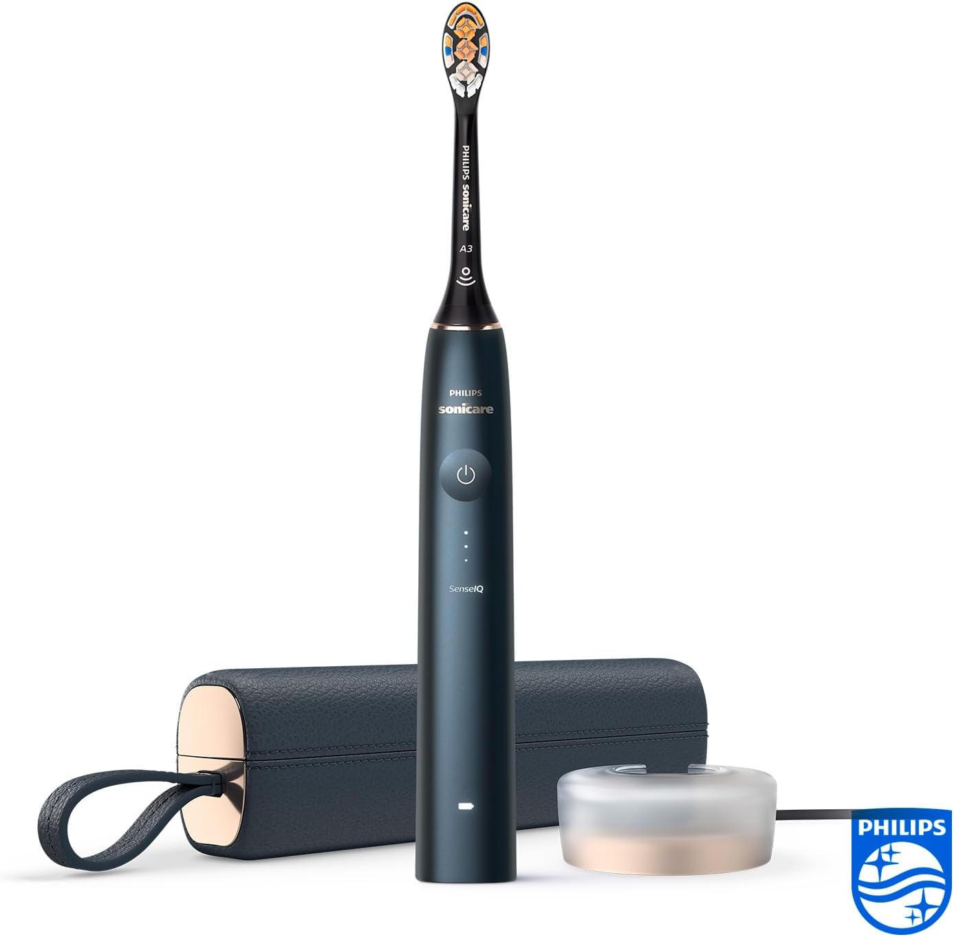 Philips Sonicare DiamondClean Prestige 9900 – Elektrische Zahnbürste mit SenseIQ, A3 Premium-All-in-One-Bürstenkopf und Ladeetui in Mitternachtsblau (Modell HX9992/12)