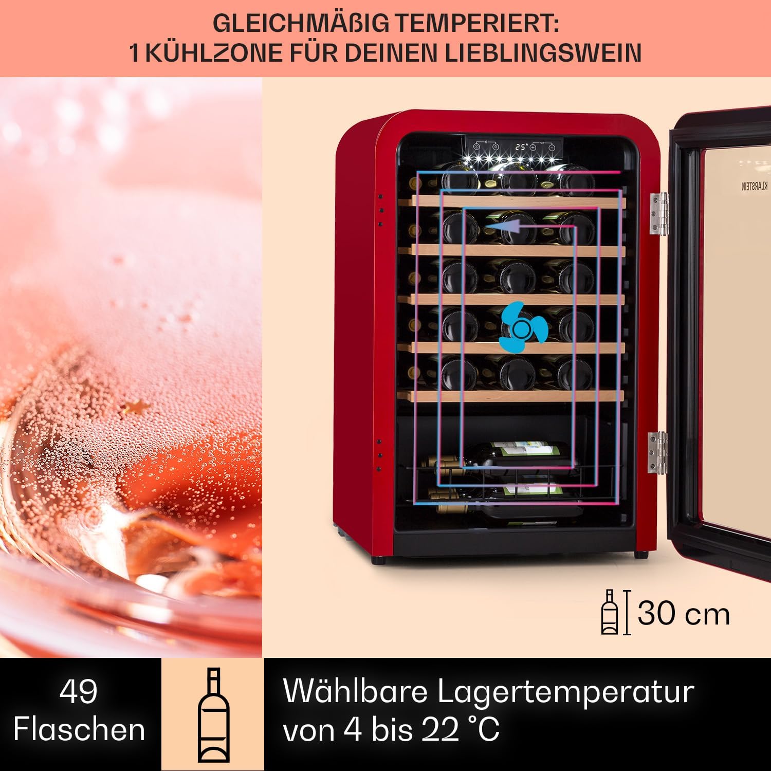 Klarstein Weinkühlschrank, Getränkekühlschrank Schmal, Kühlschrank mit Glastür, Getränkekühlschränke Freistehend, Weinkühlschrank Klein, Weinkühlschränke 1 Zone, UV-Schutz, 4-22 °C, 19 Flaschen