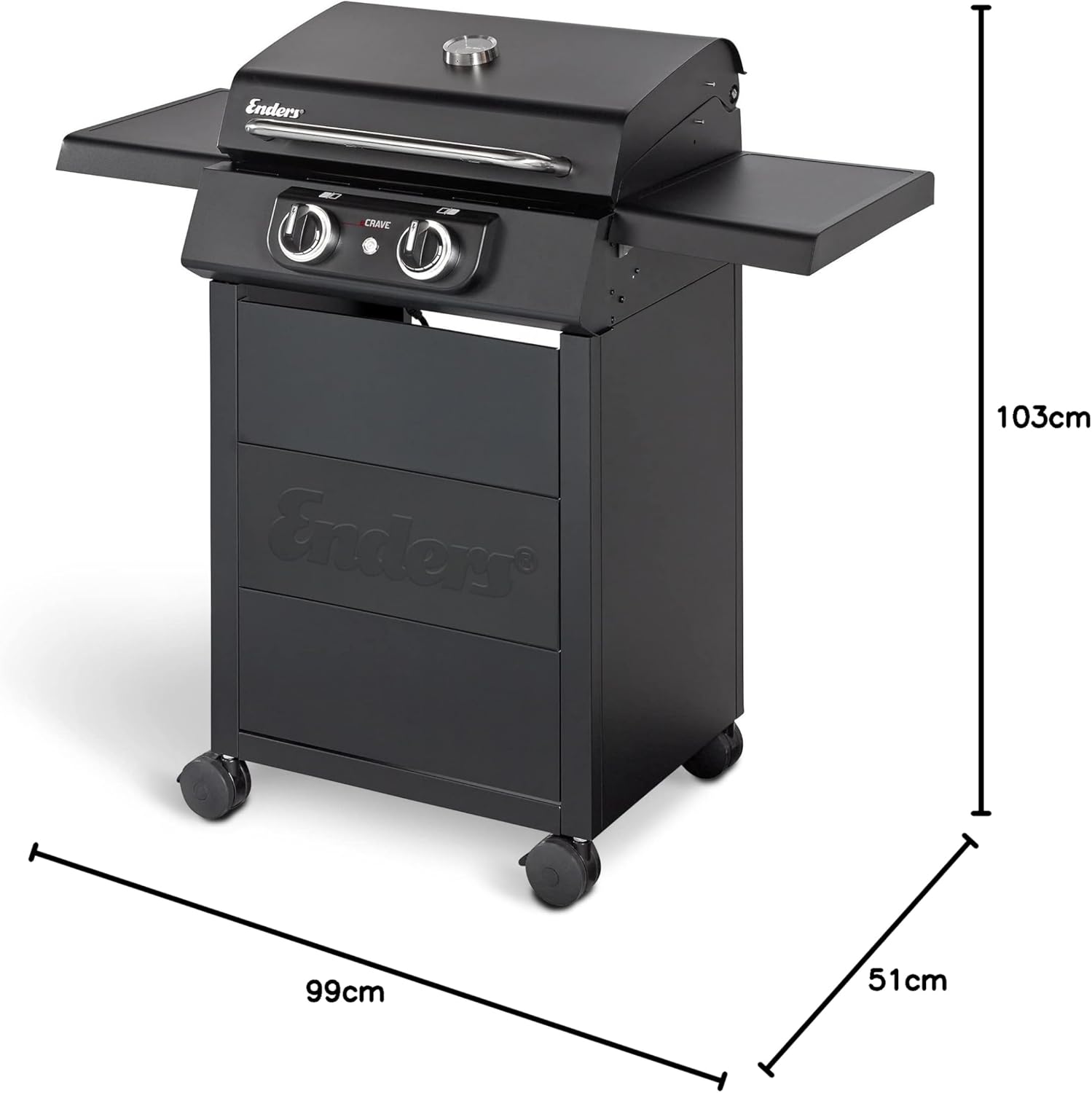 Enders® Elektrogrill eCRAVE 2, mit Gussrost, Grillwagen mit viel Stauraum, SIMPLE CLEAN™ Reinigungssystem, 2 leistungsstarke Heizelemente, formstabile Garhaube mit integriertem Thermometer #97116