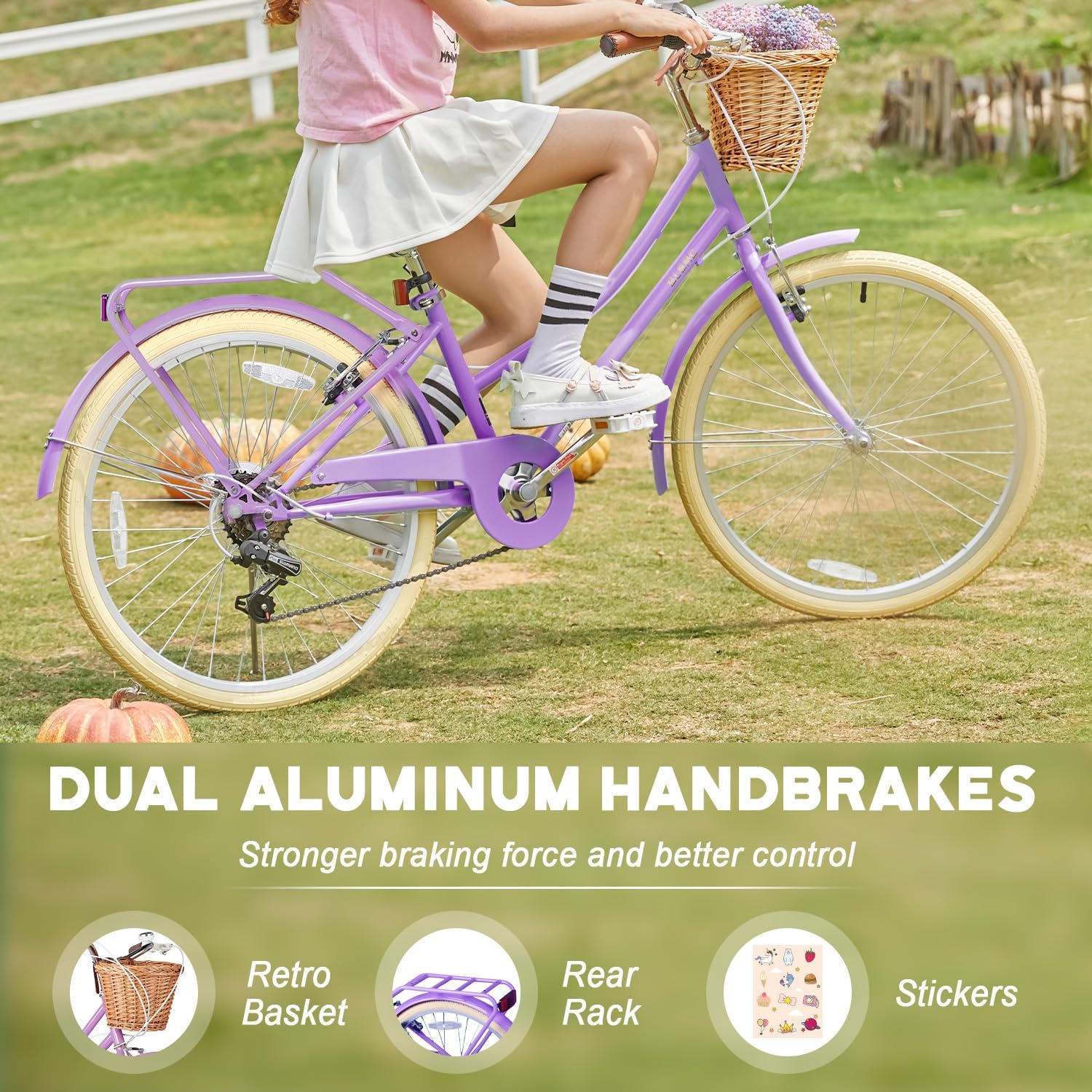 Glerc Missy 20 24 26 Zoll Mädchen City 6-Gang Hybrid Cruiser Fahrrad mit Weidenkorb für Jugend über 6-Jahre alt, mehrere Farben