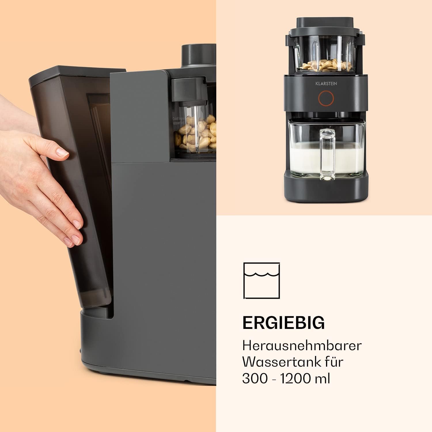Klarstein Mixer, Standmixer mit 300 Motor- und 1250 Watt Heizleistung, Hochleistungsmixer für Pflanzenmilch Zubereitung, Smoothie Mixer mit 360° Heiztechnologie, 30.000 U/min, Touchscreen, Schwarz