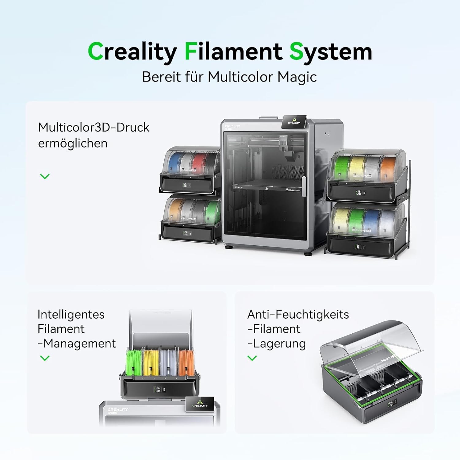 Creality K2 Plus Combo 3D-Drucker, 16-Farben Multimaterial-Druck, 350³mm XXL-Bauraum, Servo-Direktantrieb, Dual-KI-Kameras, Ultra-Leise <45dB, Aktive Heizkammer, RFID/WLAN (Industrie 4.0)