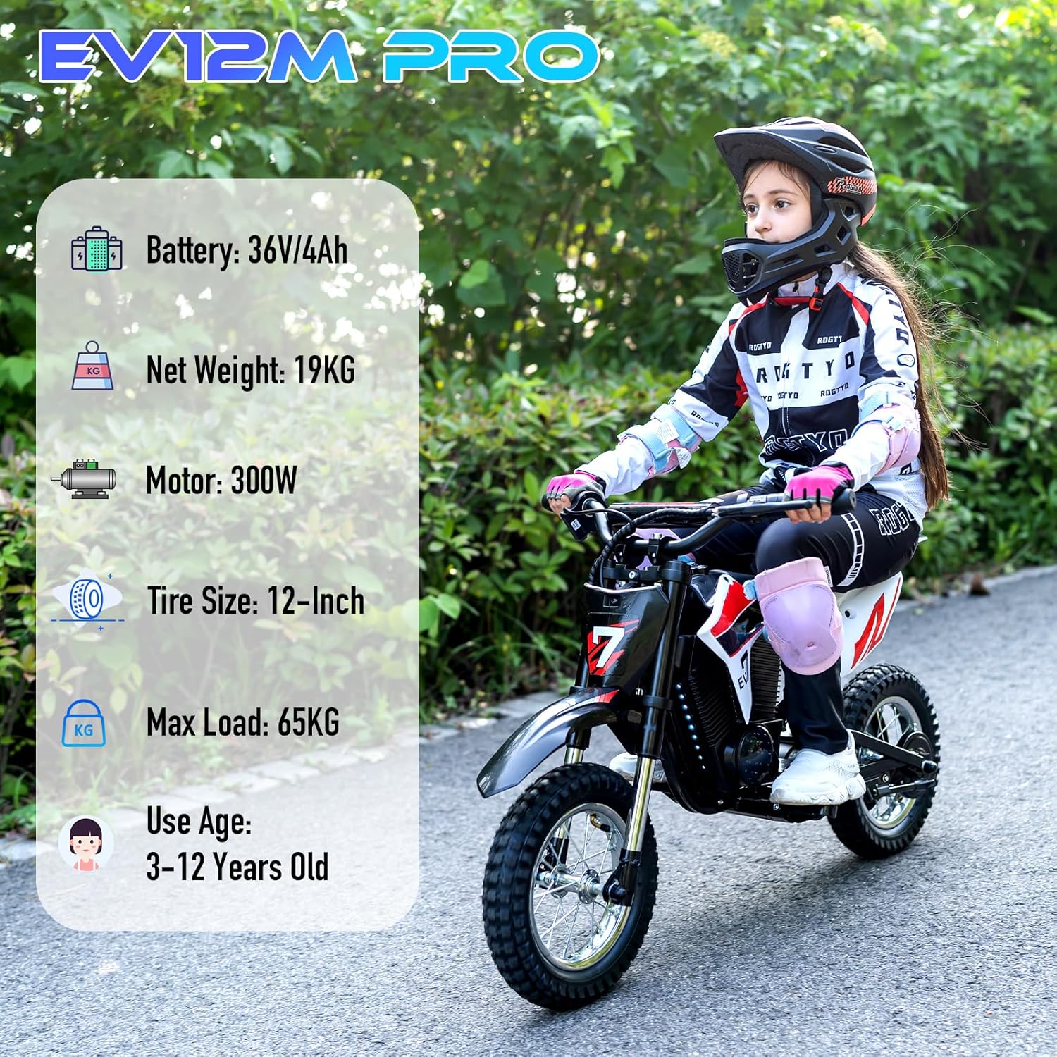 EVERCROSS EV12M Elektro Motorrad Kinder, Elektromotorrad mit 300W Motor, 8/12/25 KMH Geschwindigkeitsmodus, 15KM Lange Reichweite, 12 Zoll Luftreifen, Moto Cross für Kinder von 3–12 Jahren