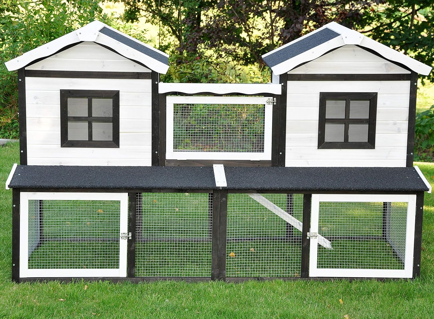 nanook Premium Hasenstall Kleintierstall Kaninchenstall XXL groß artgerecht mit Freilauf Gehege ideal für draußen 197 x 85 x 112 cm - braun weiß - 2 Ebenen