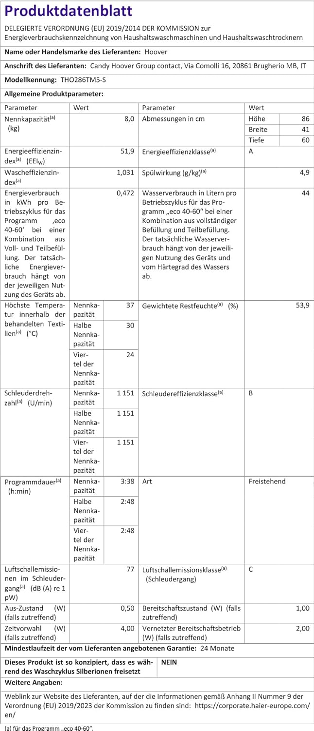 Hoover Toplader Waschmaschine THO286TM5-S 8 kg I Smarte Bedienung mit Wi-Fi und Bluetooth I 1200 U/min Schleuderdrehzahl I Nachlegefunktion