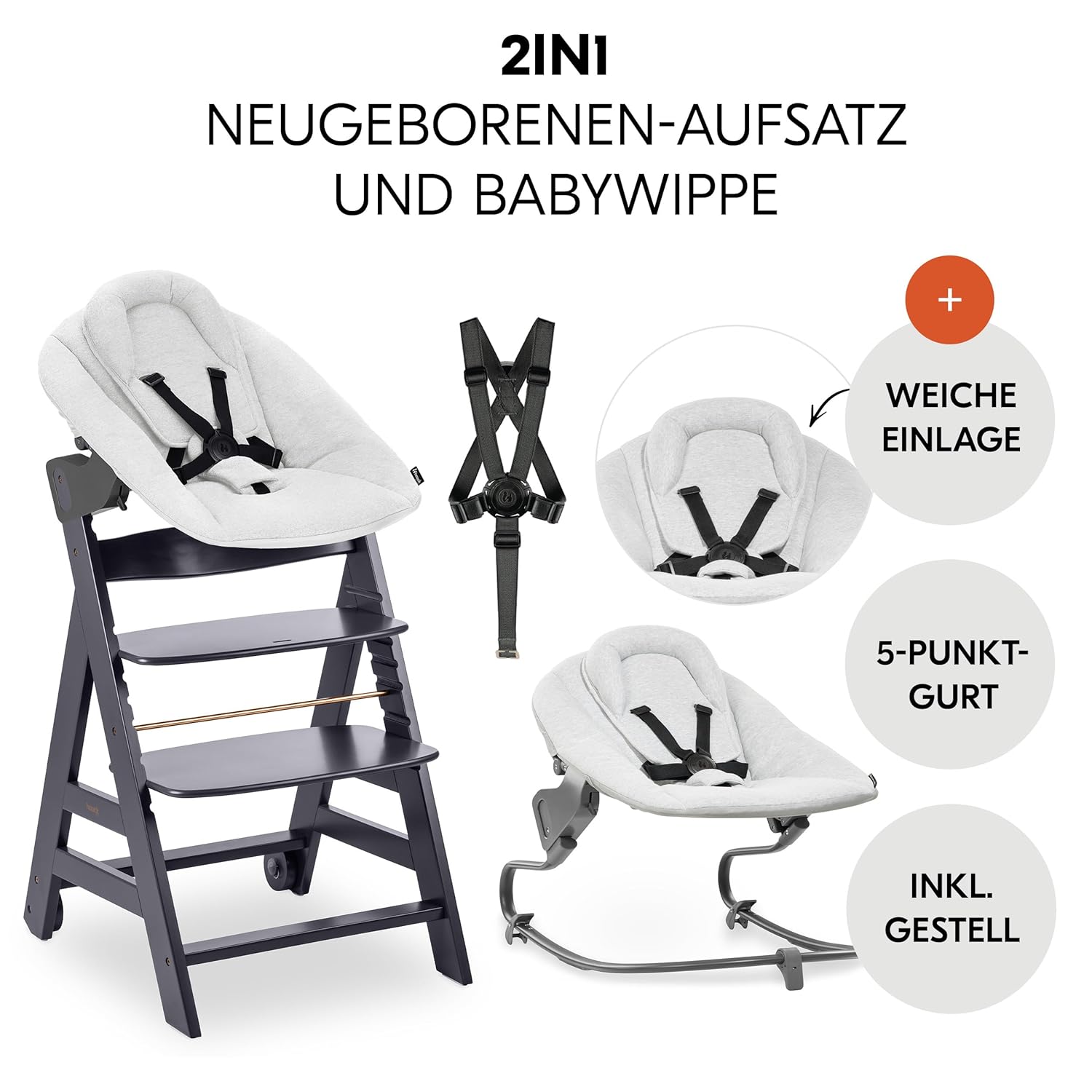 hauck Hochstuhl Beta+ Newborn Set Premium Dark Grey - Babyhochstuhl Set ab Geburt mit Neugeborenen Aufsatz Bouncer, Sitzpolster und Essbrett - Dark Grey