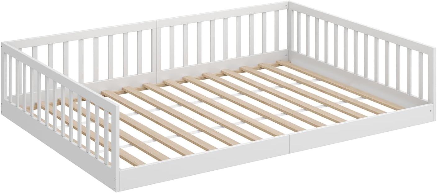 CADANI Timi 2in1 Bodenbett 140x200 cm Montessori Kinderbett mit abnehmbaren Rausfallschutz inkl. Lattenrost, Kiefer Massivholz, weiß - 3 Aufbauvarianten, bis 200 kg belastbar, umbaubar