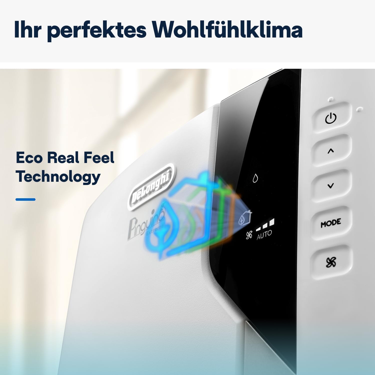 De'Longhi Pinguino PAC EM82, Mobile Klimaanlage für Räume bis zu 80 m³, 9.400 BTU, 2,4 kW, 63 dB, Entfeuchtungsfunktion, Energieklasse A, 24h-Timer, Weiß