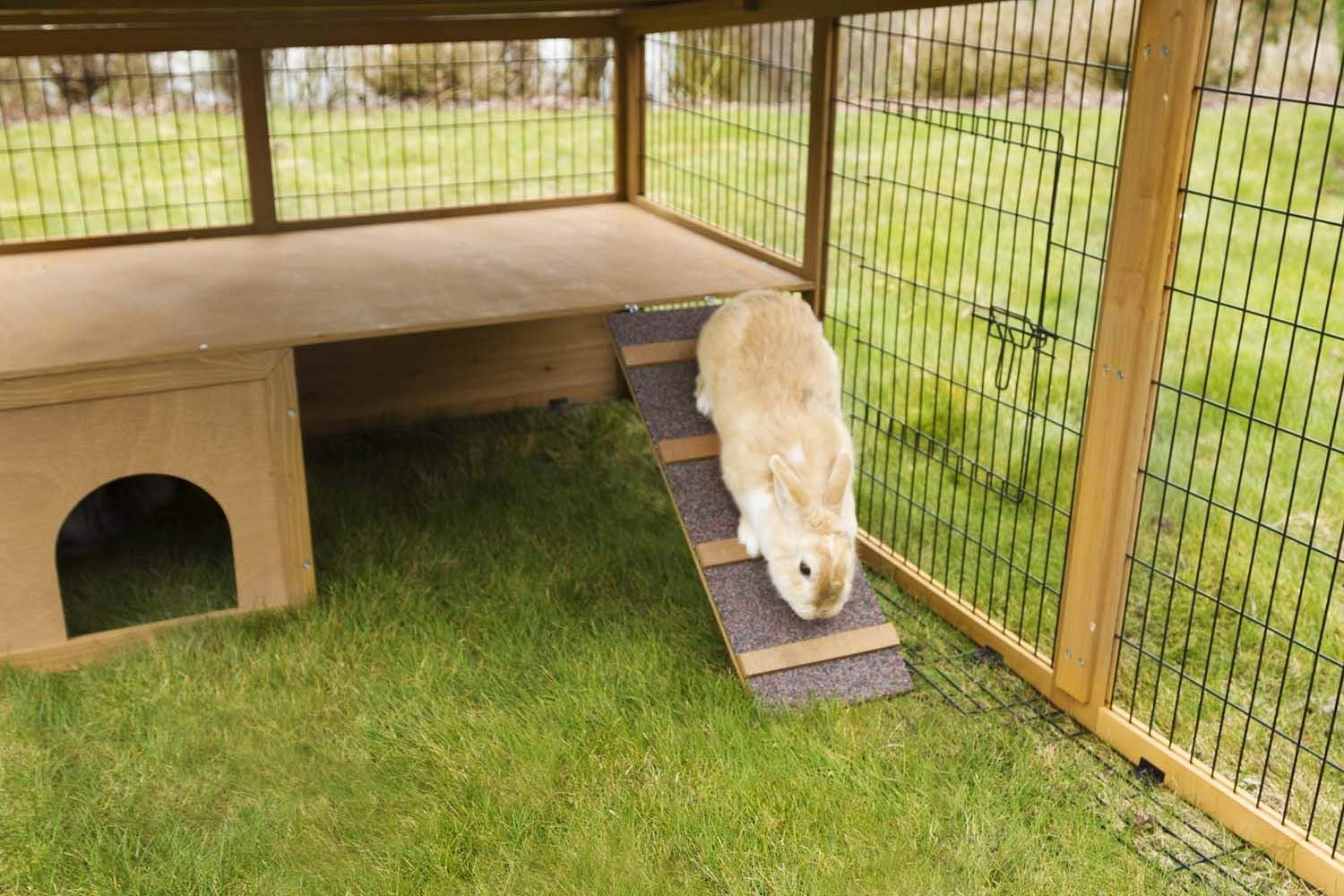 Kerbl Freigehege mit Ausbruchsperre (Gitterabstand 2,5 cm, überdachter Auslauf, mit Kunststoffdach, inkl. Kleintierhaus + Aussichtsplattform) 81708