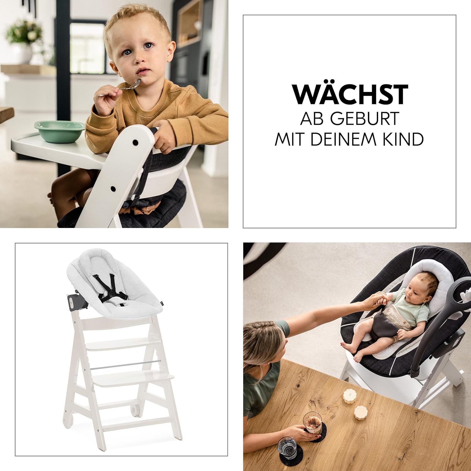 hauck Hochstuhl Beta+ Newborn Set Premium Dark Grey - Babyhochstuhl Set ab Geburt mit Neugeborenen Aufsatz Bouncer, Sitzpolster und Essbrett - Dark Grey