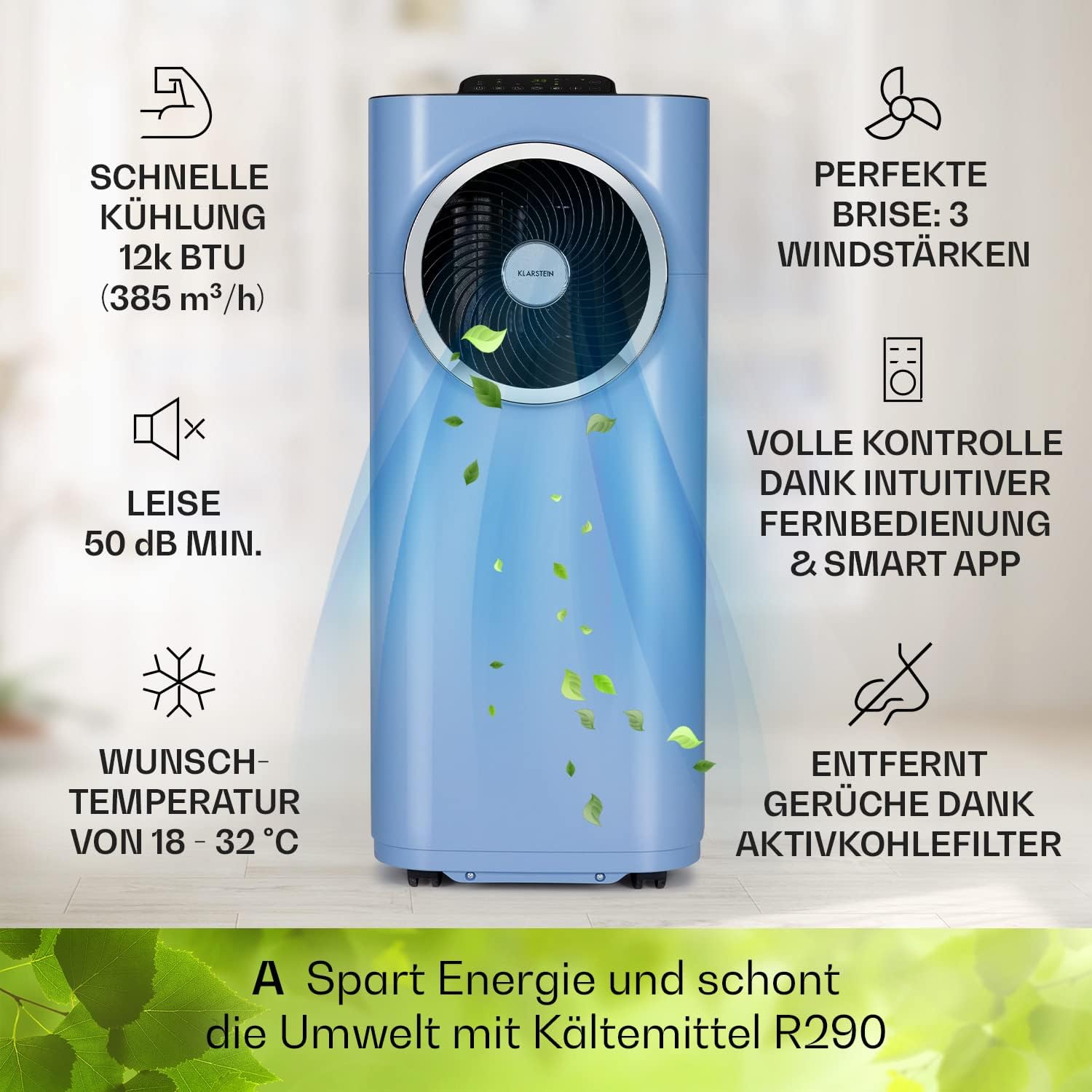 Klarstein Mobile Klimaanlage mit Abluftschlauch, 5-in-1 Klimagerät, Ventilator, Luftentfeuchter, Luftreiniger & Nachtmodus, App-Steuerung, Kleine & Portable, für Wohnung & Büro, 12000 BTU