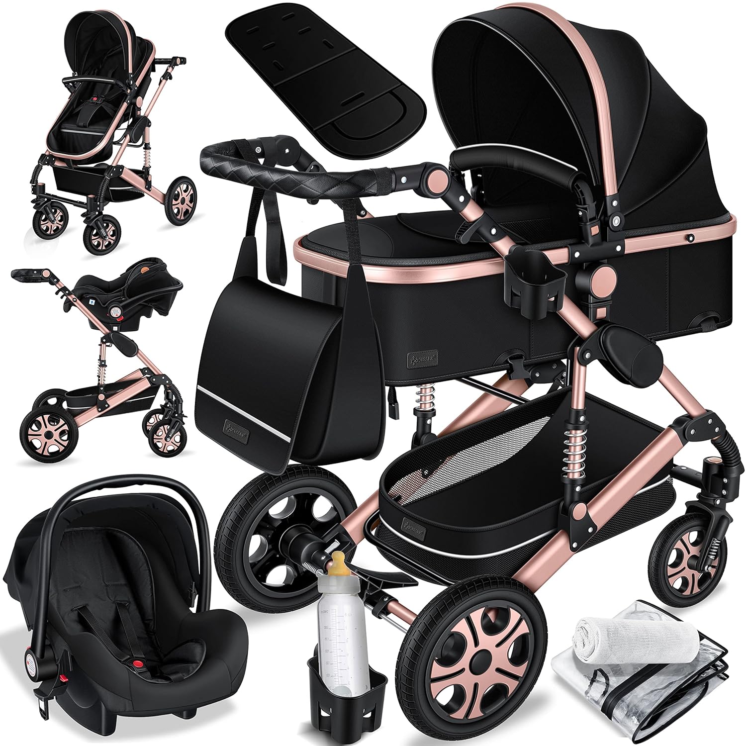 KESSER Loops 3 in 1 Kinderwagen Kombikinderwagen Komplett-Set inkl. Babywanne & Buggy Sportsitz & Auto-Babyschale Voll-Gummireifen Wickeltasche Regenschutz Kindertisch ECE R129, Schwarz/Champagne