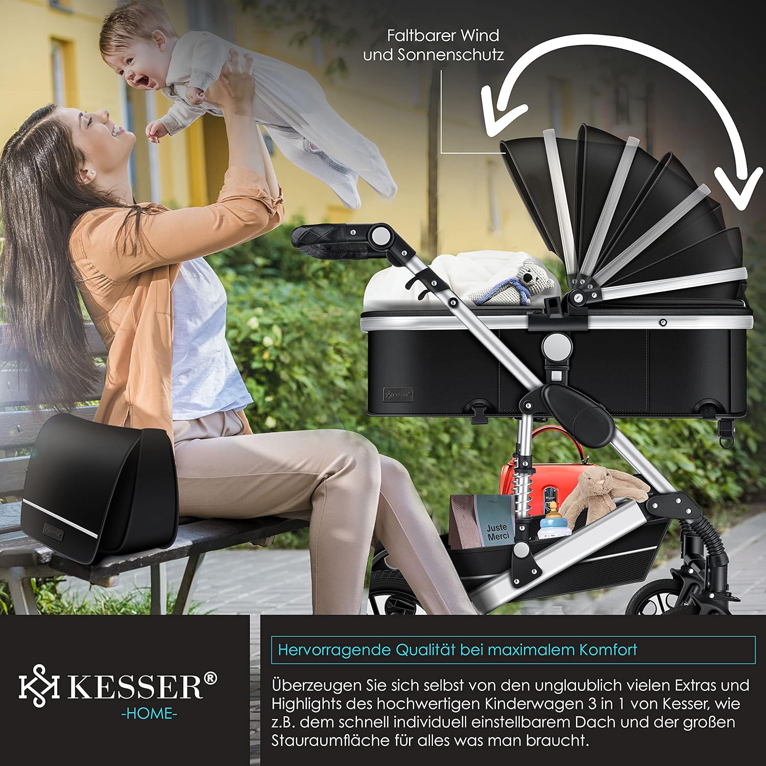 KESSER Loops 3 in 1 Kinderwagen Kombikinderwagen Komplett-Set inkl. Babywanne & Buggy Sportsitz & Auto-Babyschale Voll-Gummireifen Wickeltasche Regenschutz Kindertisch ECE R129, Schwarz/Champagne