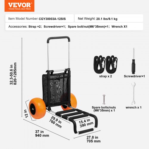 Strandkarre Bollerwagen Sandwagen, Strandwagen 74,84 kg Tragkraft, Zusammenklappbarer Sandwagen aus Aluminium 685 bis 1135 mm Einstellbare Höhe, Robuster Wagen für den Strand
