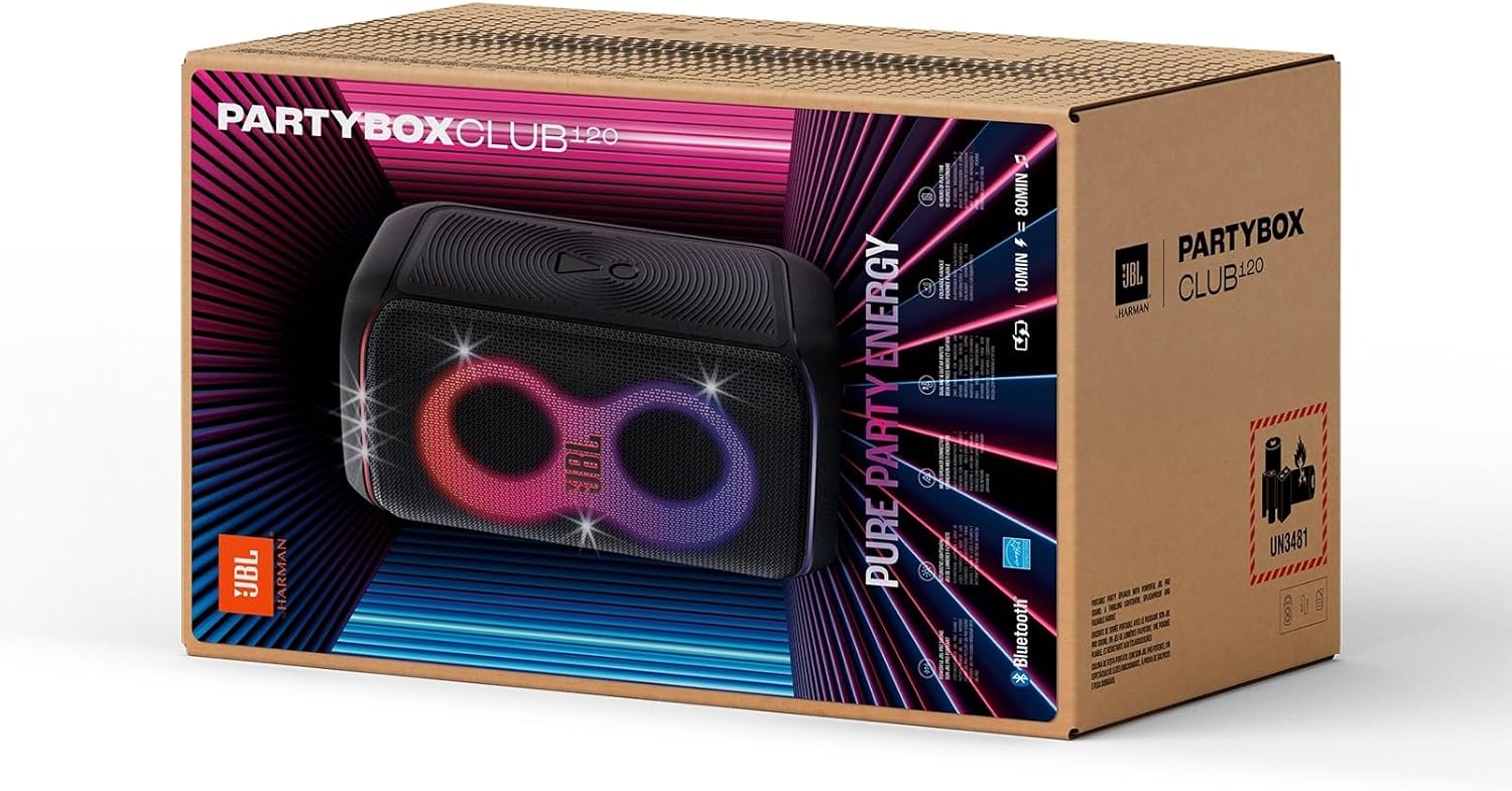 JBL Partybox Stage 120 in Schwarz – Tragbare Bluetooth-Lautsprecher-Box mit JBL Pro Sound, Lichtshow, KI-Sound-Boost und Teleskopgriff – 12 h Laufzeit