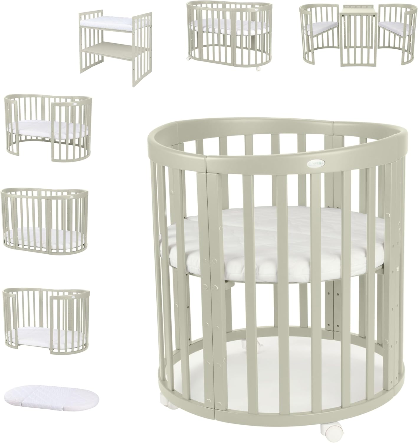 Waldin Oval Baby-Bett Mitwachsend Komplett Set 7in1, Gitterbett, Kinderbett mit Matratze, Wickelkommode, Beistellbett, Holz Weiß