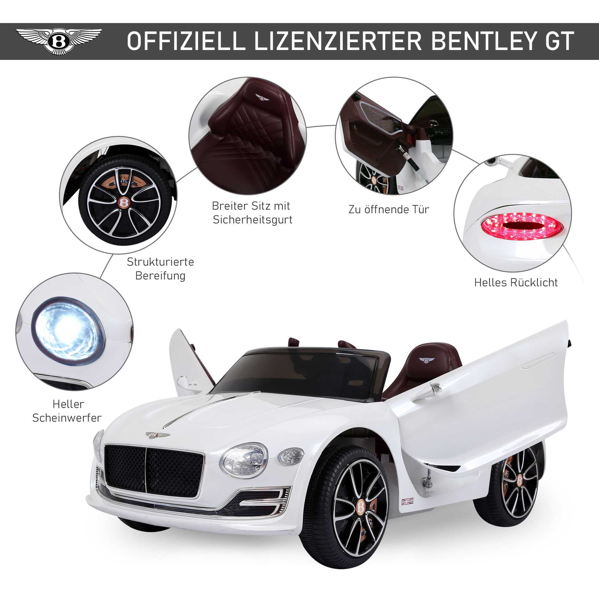 HOMCOM Kinderauto Bentley GT lizenzierte Kinderfahrzeug Elektroauto mit Fernbedienung 2 x 390 Motoren Kinder Weiß 108 x 60 x 43 cm
