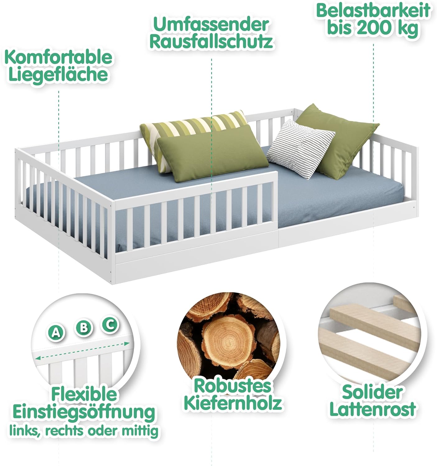 CADANI Timi 2in1 Bodenbett 140x200 cm Montessori Kinderbett mit abnehmbaren Rausfallschutz inkl. Lattenrost, Kiefer Massivholz, weiß - 3 Aufbauvarianten, bis 200 kg belastbar, umbaubar