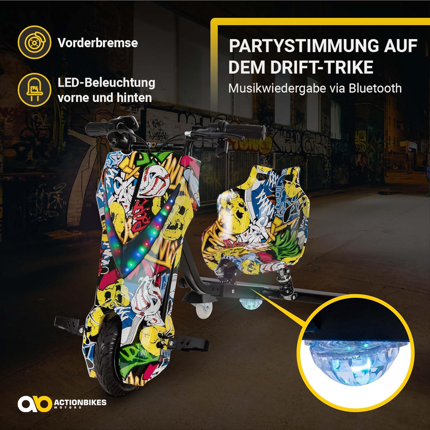 Actionbikes Motors Kinder Elektro Driftscooter | 𝟐𝟓𝟎 Watt Motor - Drift Cart 360°- 3 Geschwindigkeitsstufen - LED-Beleuchtung - Sitz verstellbar - Bluetooth - Drift Kart - Drift Auto (Space Purple)