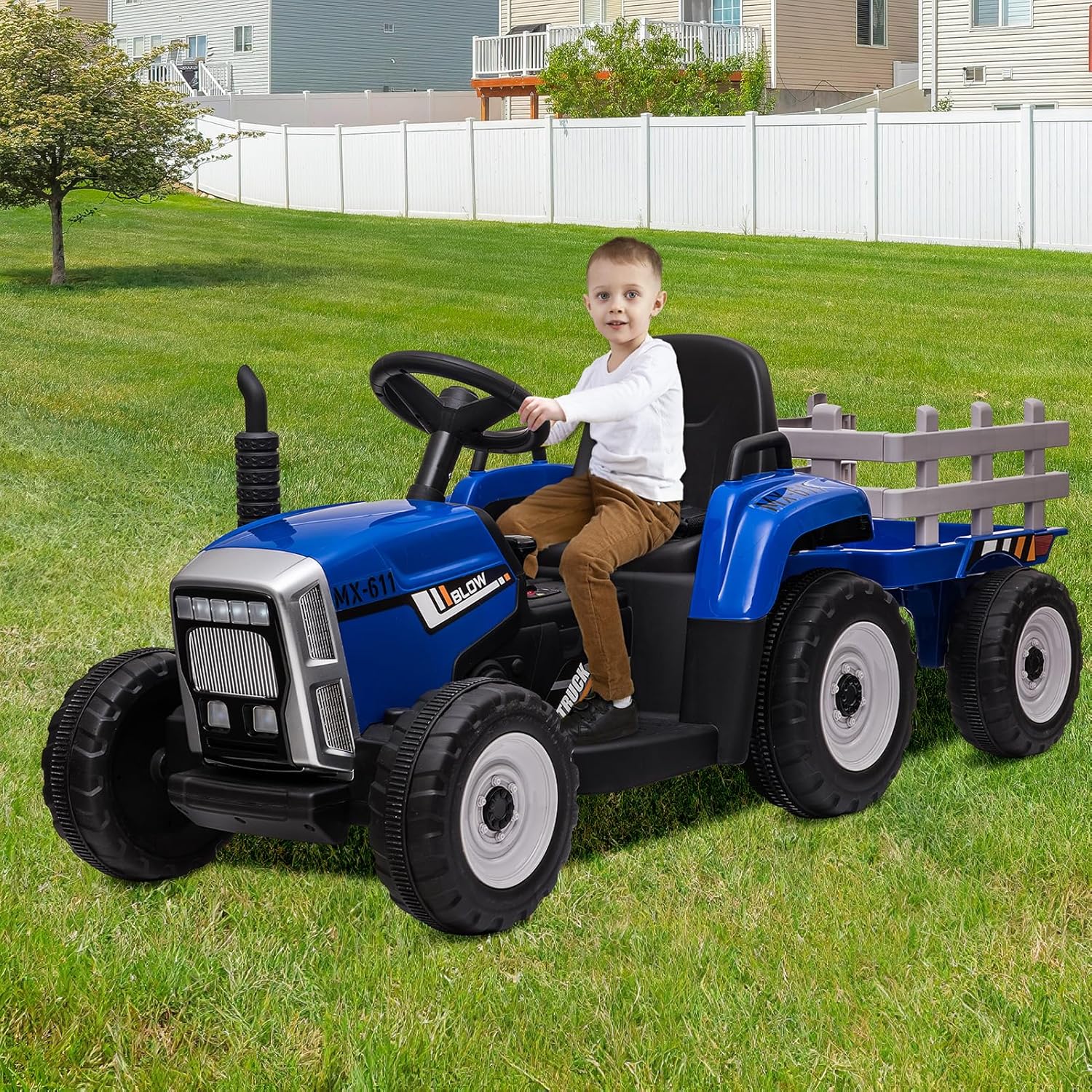 HAUSPROFI 12V 3-Gang Kinder Elektroauto mit Anhänger, Elektro Traktor 2 Fahrmodi, 2,4G-Fernbedienung, Kinder Traktor LED-Licht, Bluetooth, Musik, USB, Elektrischer Traktor für kinder ab 3 Jahren, Grün