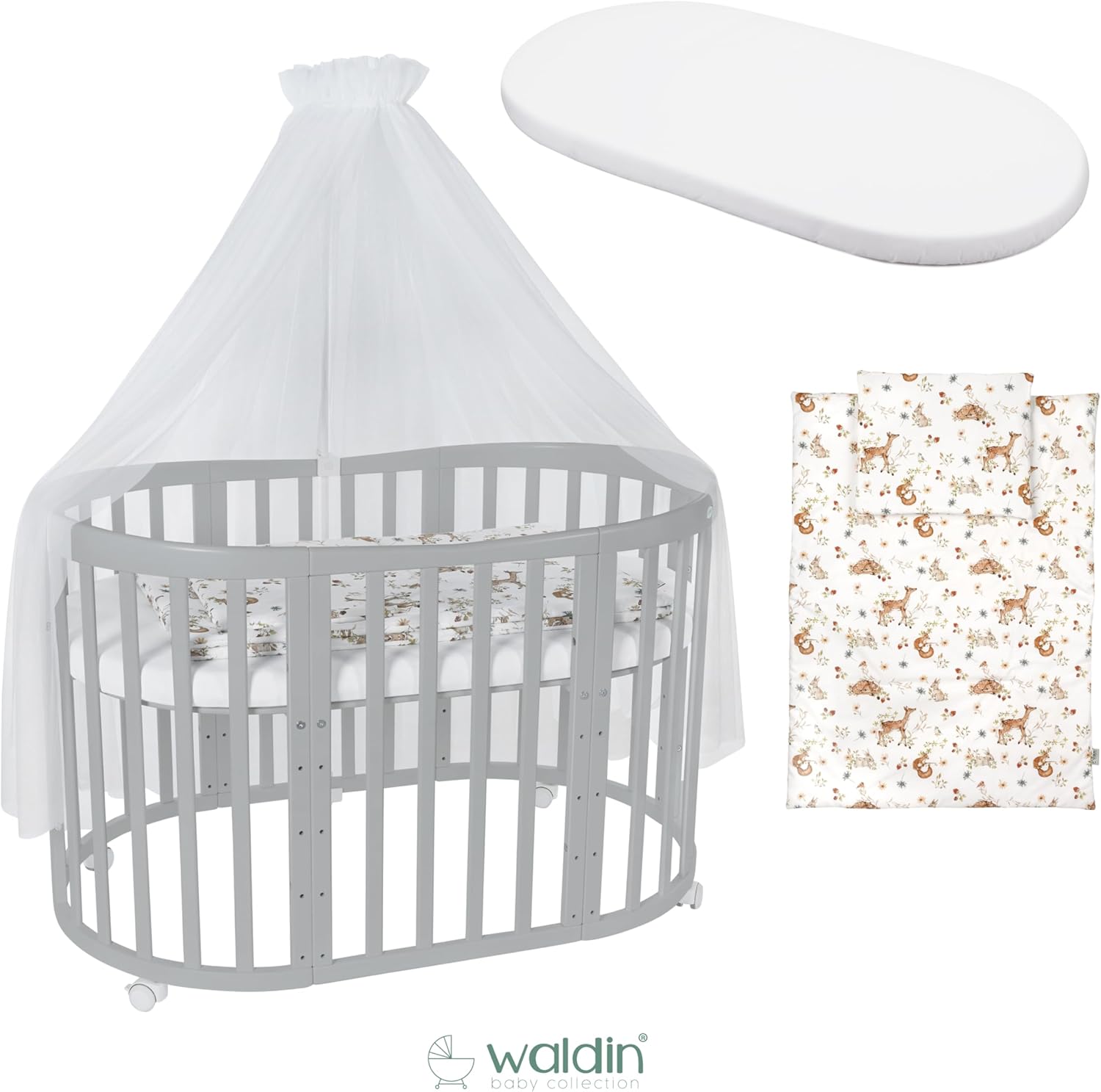Waldin Oval Baby-Bett Mitwachsend Komplett Set 7in1, Gitterbett, Kinderbett mit Matratze, Wickelkommode, Beistellbett, Holz Weiß