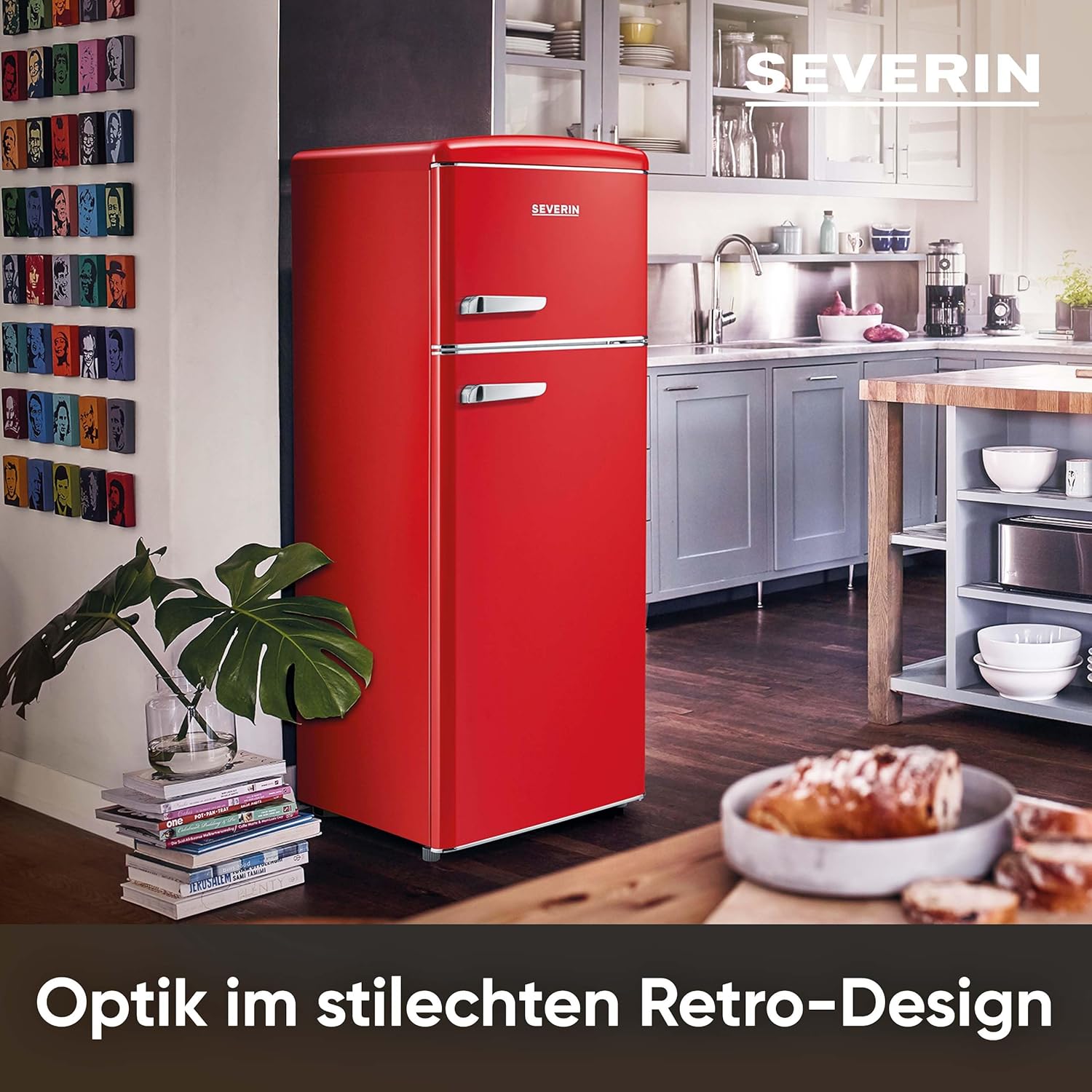 SEVERIN Retro - Kühl-/ Gefrierkombination, platzsparendes Raumwunder, 4 x höhenverstellbare Abstellflächen und eine große Veggiebox, 206 L Nutzinhalt, creme, RKG 8933