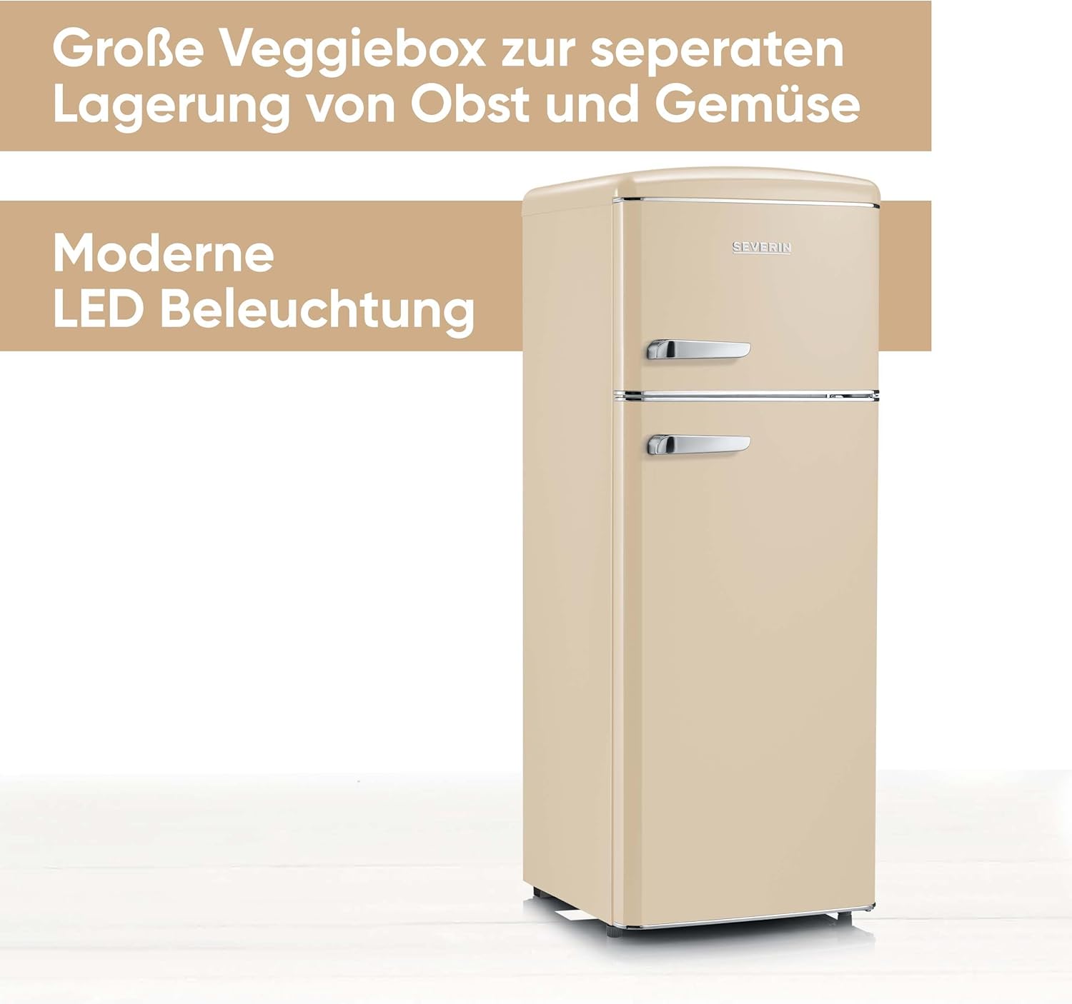SEVERIN Retro - Kühl-/ Gefrierkombination, platzsparendes Raumwunder, 4 x höhenverstellbare Abstellflächen und eine große Veggiebox, 206 L Nutzinhalt, creme, RKG 8933