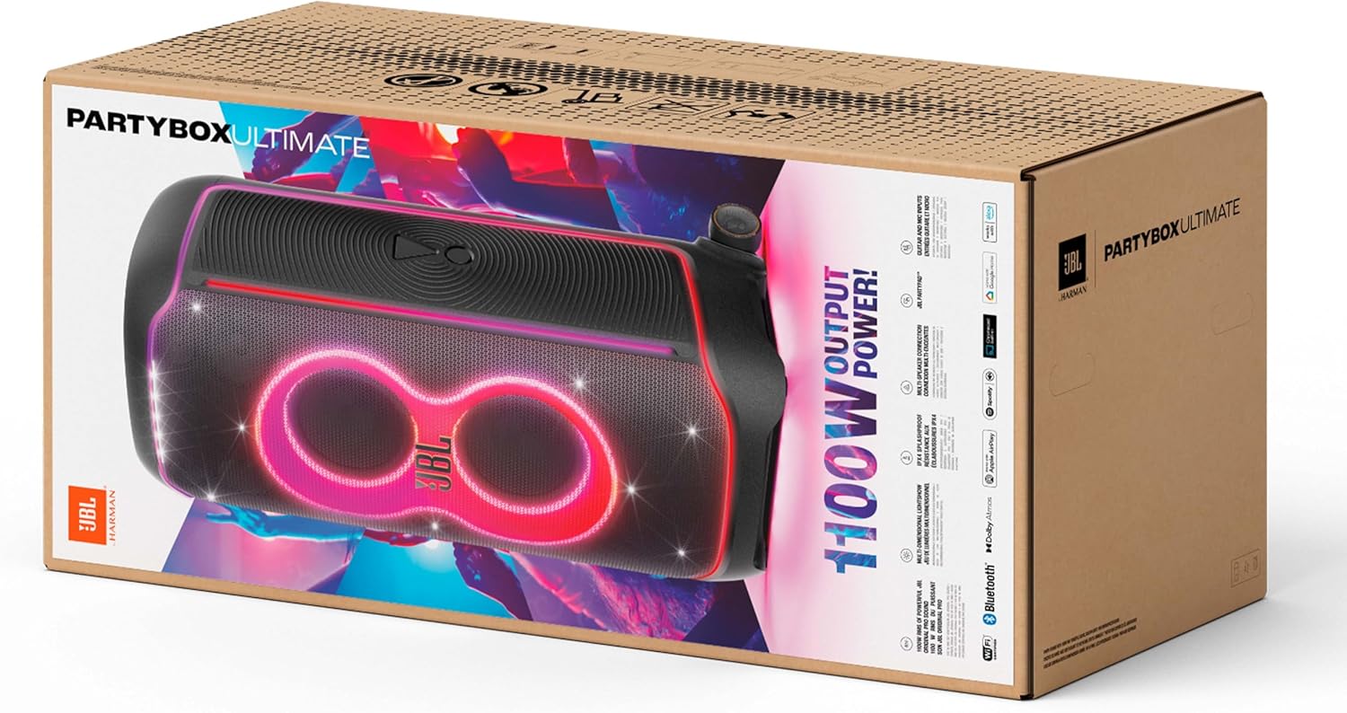 JBL Partybox Stage 120 in Schwarz – Tragbare Bluetooth-Lautsprecher-Box mit JBL Pro Sound, Lichtshow, KI-Sound-Boost und Teleskopgriff – 12 h Laufzeit