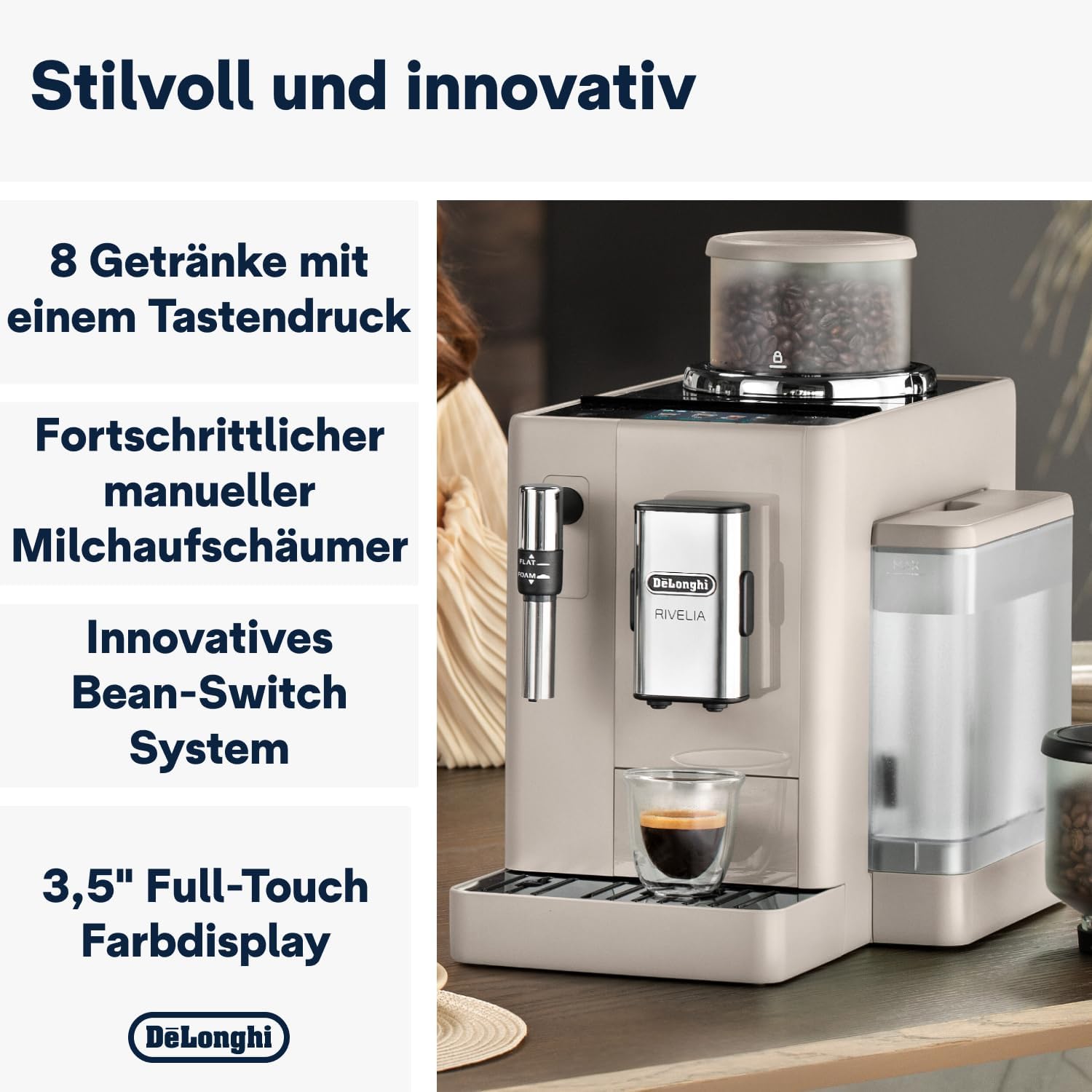 De'Longhi Rivelia EXAM440.55.W Kaffeevollautomat mit LatteCrema Milchsystem, Wechselbarer Bohnenbehälter, 16 Kaffee- & Milchgetränke auf Knopfdruck, Extra-Shot-Funktion, 3,5 Touch-Display, Weiß