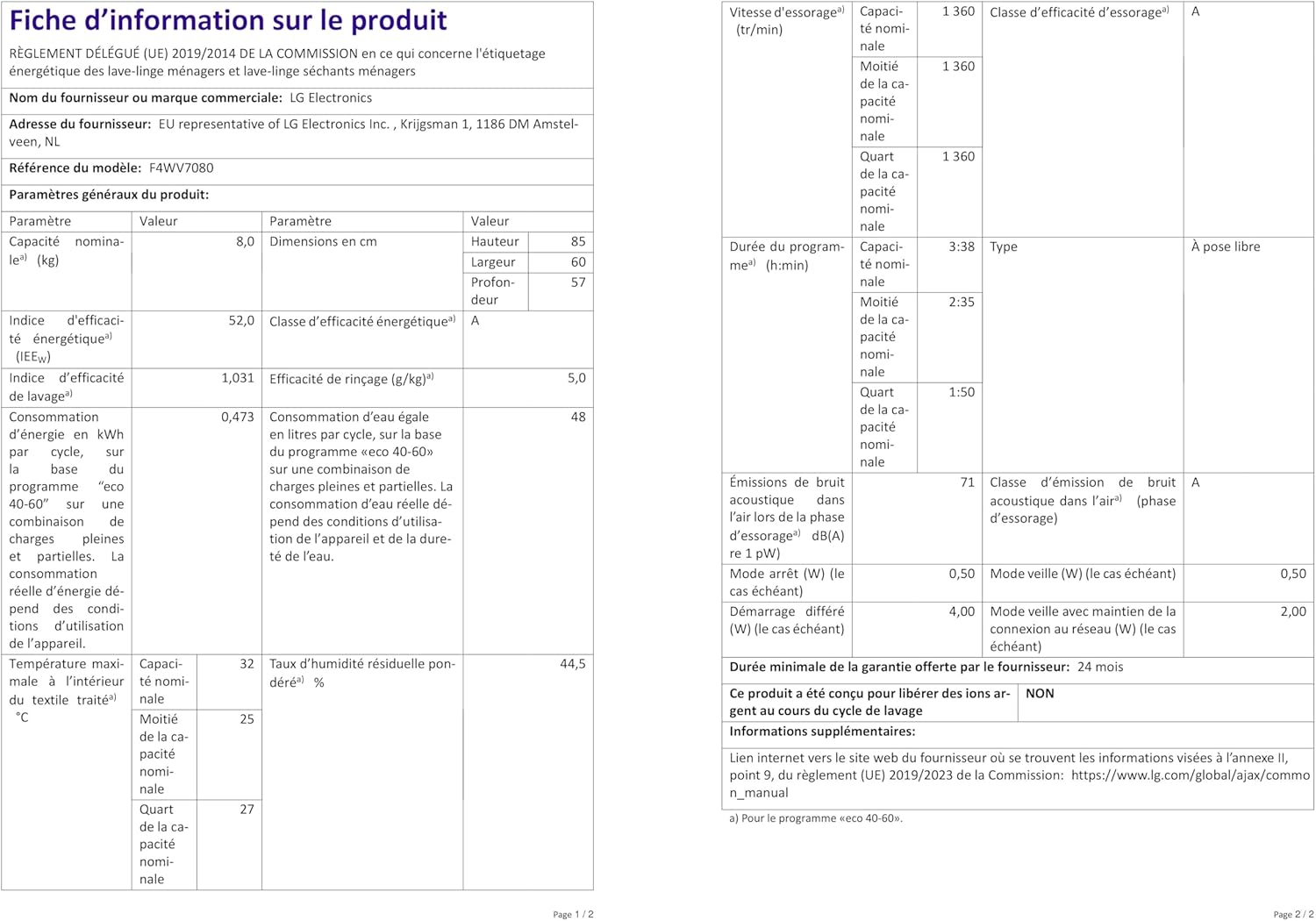 LG F4WV7080, Klasse A, Frontlader-Waschmaschine 8 kg, 1400 U/Min, AI Direct Drive, Wi-Fi, Tiefenreinigung mit Dampf, Groe Kapazitt, TRIPLE A, Auentür aus Sicherheitsglas, 62 x 60 x 85 cm  Wei