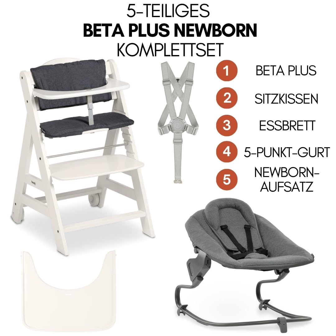 hauck Hochstuhl Beta+ Newborn Set Premium Dark Grey - Babyhochstuhl Set ab Geburt mit Neugeborenen Aufsatz Bouncer, Sitzpolster und Essbrett - Dark Grey