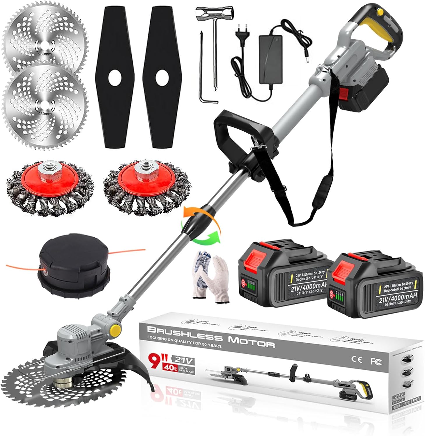 Akku Rasentrimmer mit Akku und Unkrautbürste 4 in 1 Freischneider mit Unkrautbürste 21V Bürstenloser Freischneider, Elektro Motorsense mit 2 Akku 4.0Ah und Ladegerät Teleskop, Verstellbarer, Orange