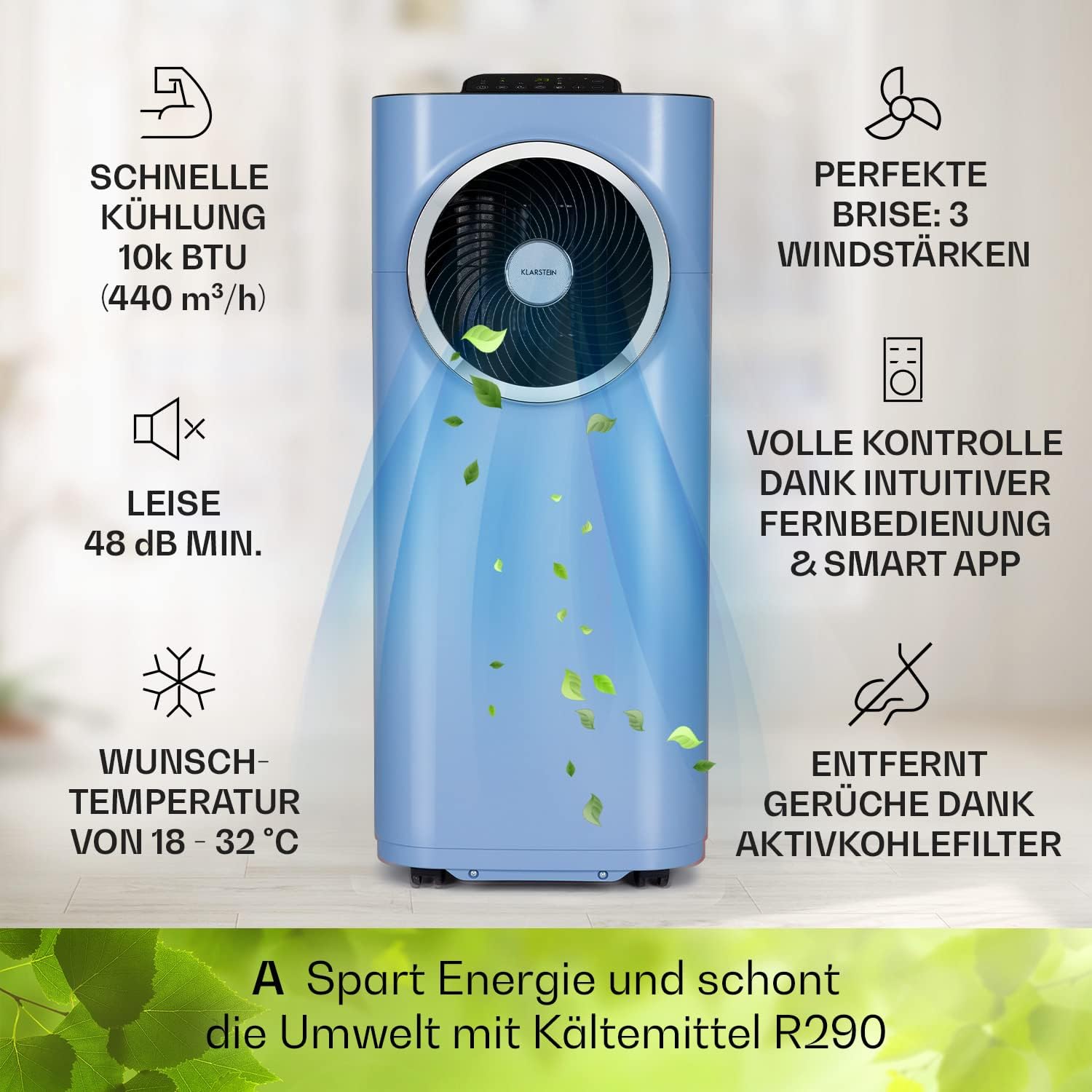 Klarstein Mobile Klimaanlage mit Abluftschlauch, 5-in-1 Klimagerät, Ventilator, Luftentfeuchter, Luftreiniger & Nachtmodus, App-Steuerung, Kleine & Portable, für Wohnung & Büro, 12000 BTU