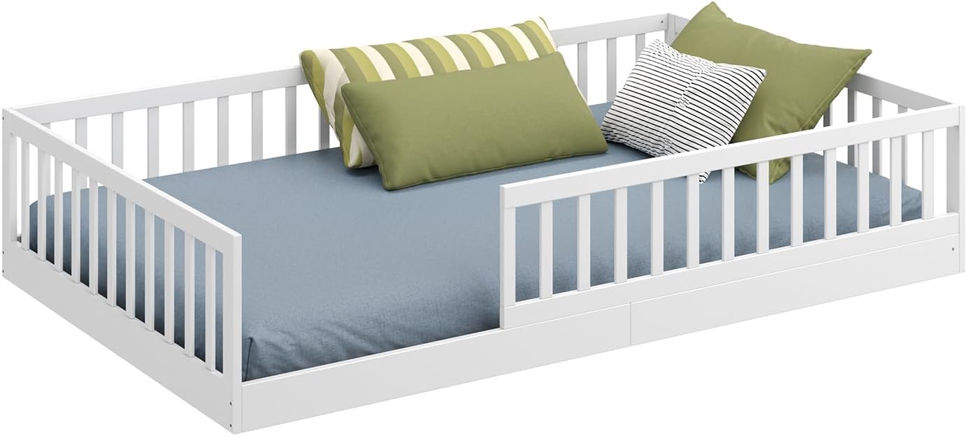 CADANI Timi 2in1 Bodenbett 140x200 cm Montessori Kinderbett mit abnehmbaren Rausfallschutz inkl. Lattenrost, Kiefer Massivholz, weiß - 3 Aufbauvarianten, bis 200 kg belastbar, umbaubar