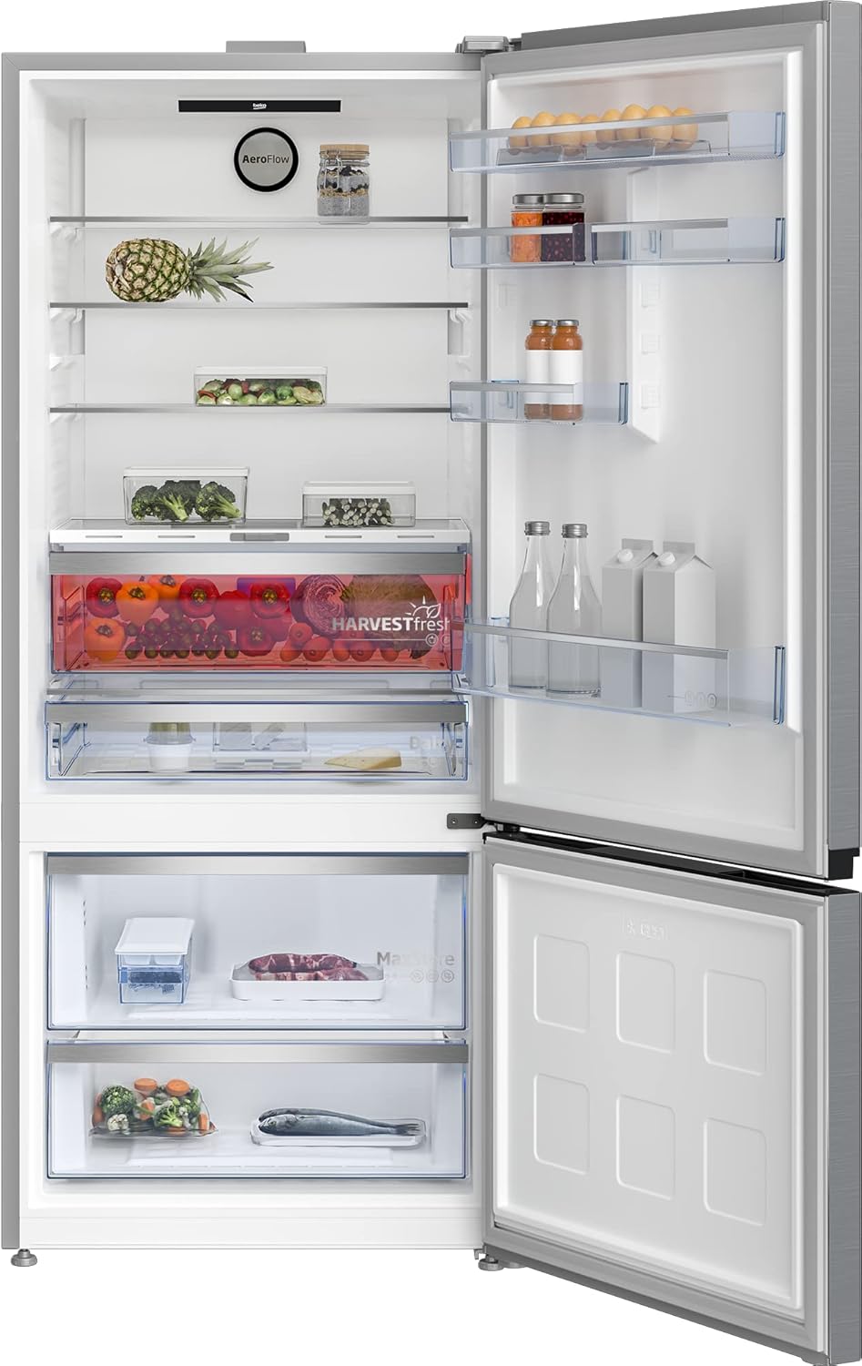 Beko RCNE366E70ZXBRN bPRO700 freistehende Kühl-/Gefrierkombination, großer Kühlschrank, 323 l Gesamtrauminhalt, HarvestFresh, NoFrost, leise, SmoothFit, 0°C-Zone, Dark Inox