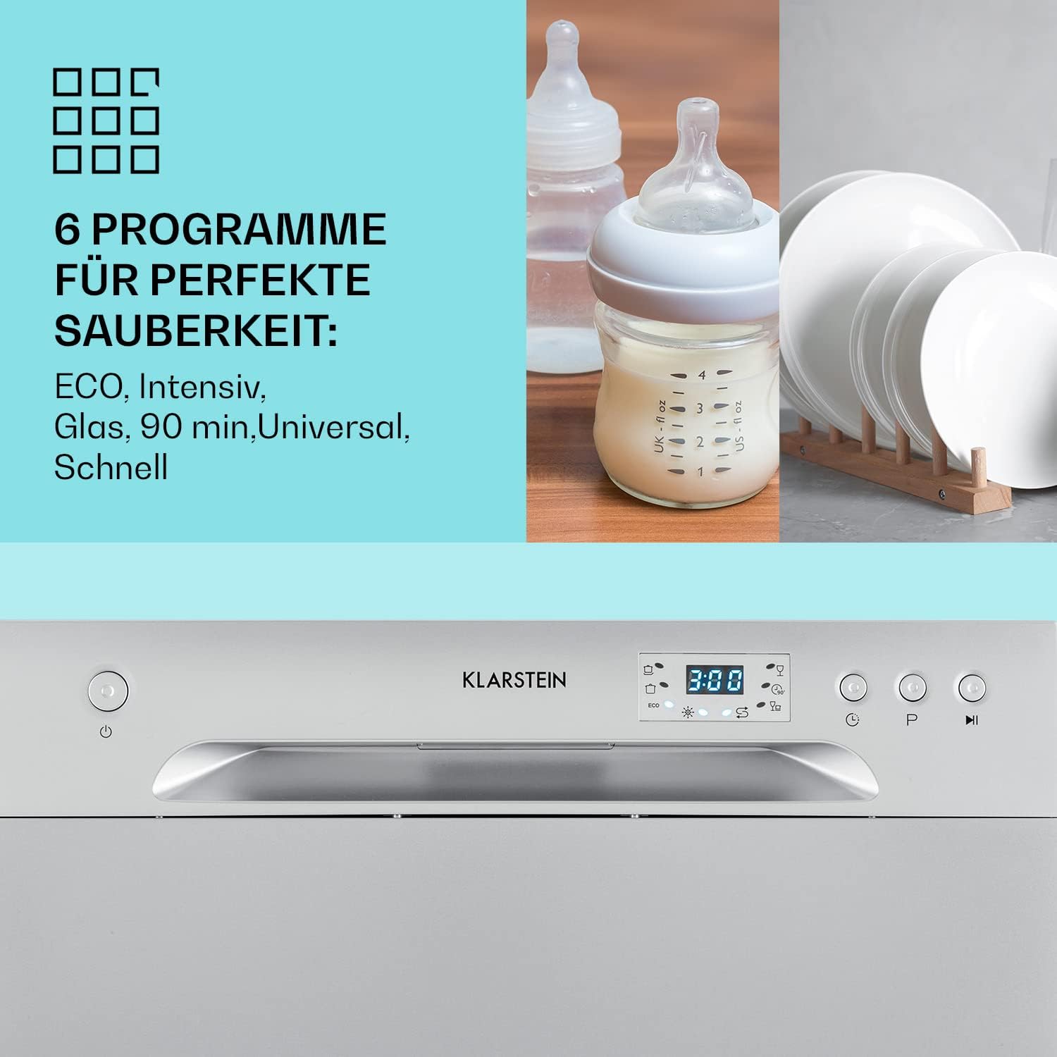 Klarstein ia 8 - Spülmaschine, Geschirrspüler, Freistehend, Teilintegriert, F, 55 cm breit, 8 Maßgedecke, 6 Programme, Aquastop, silber