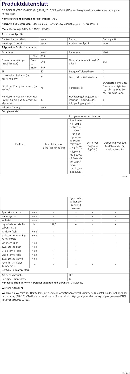 AEG TSK5O881ES Built-In Fridge / 880 mm / 142 L/Tow Door/E