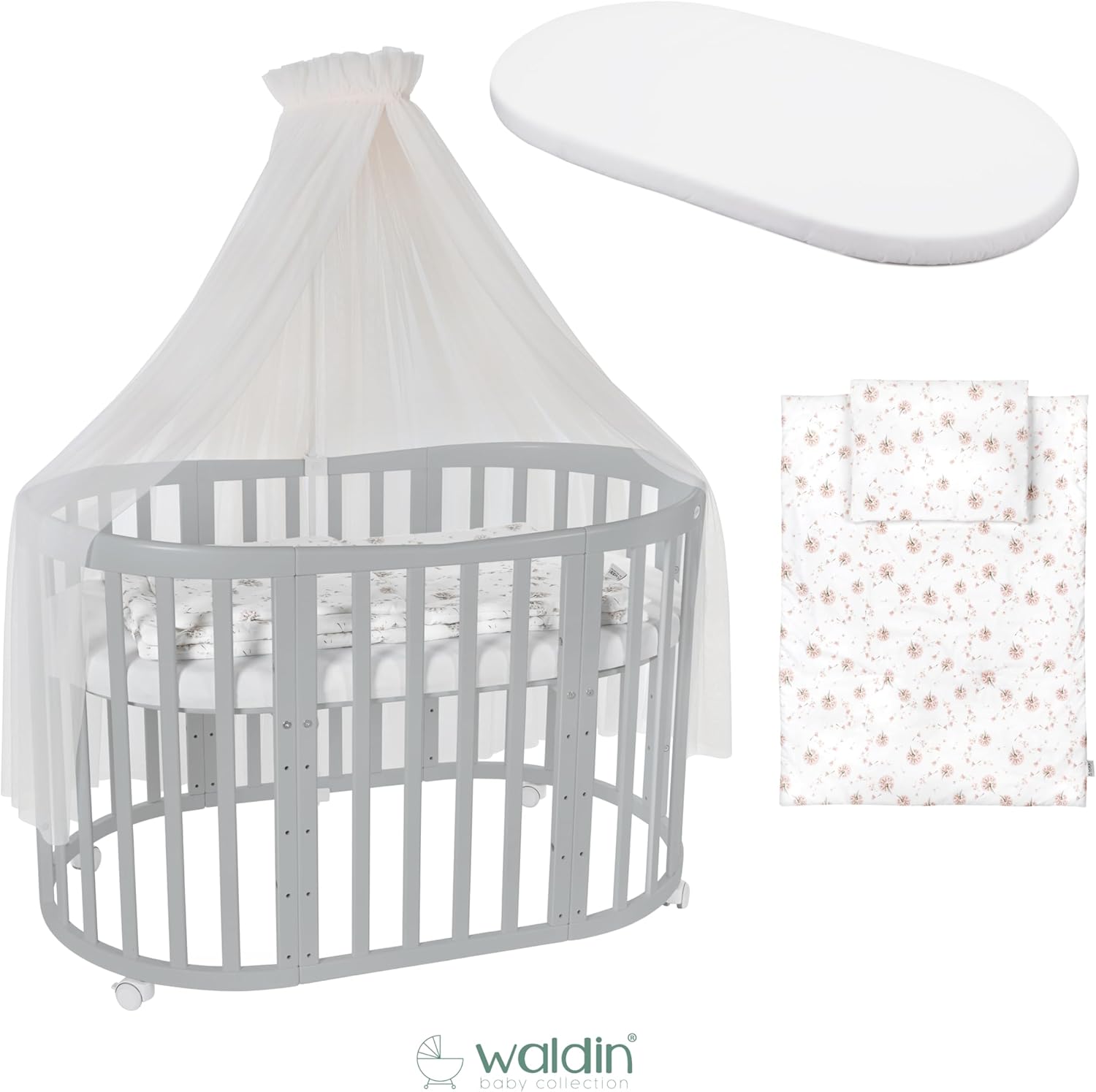 Waldin Oval Baby-Bett Mitwachsend Komplett Set 7in1, Gitterbett, Kinderbett mit Matratze, Wickelkommode, Beistellbett, Holz Weiß