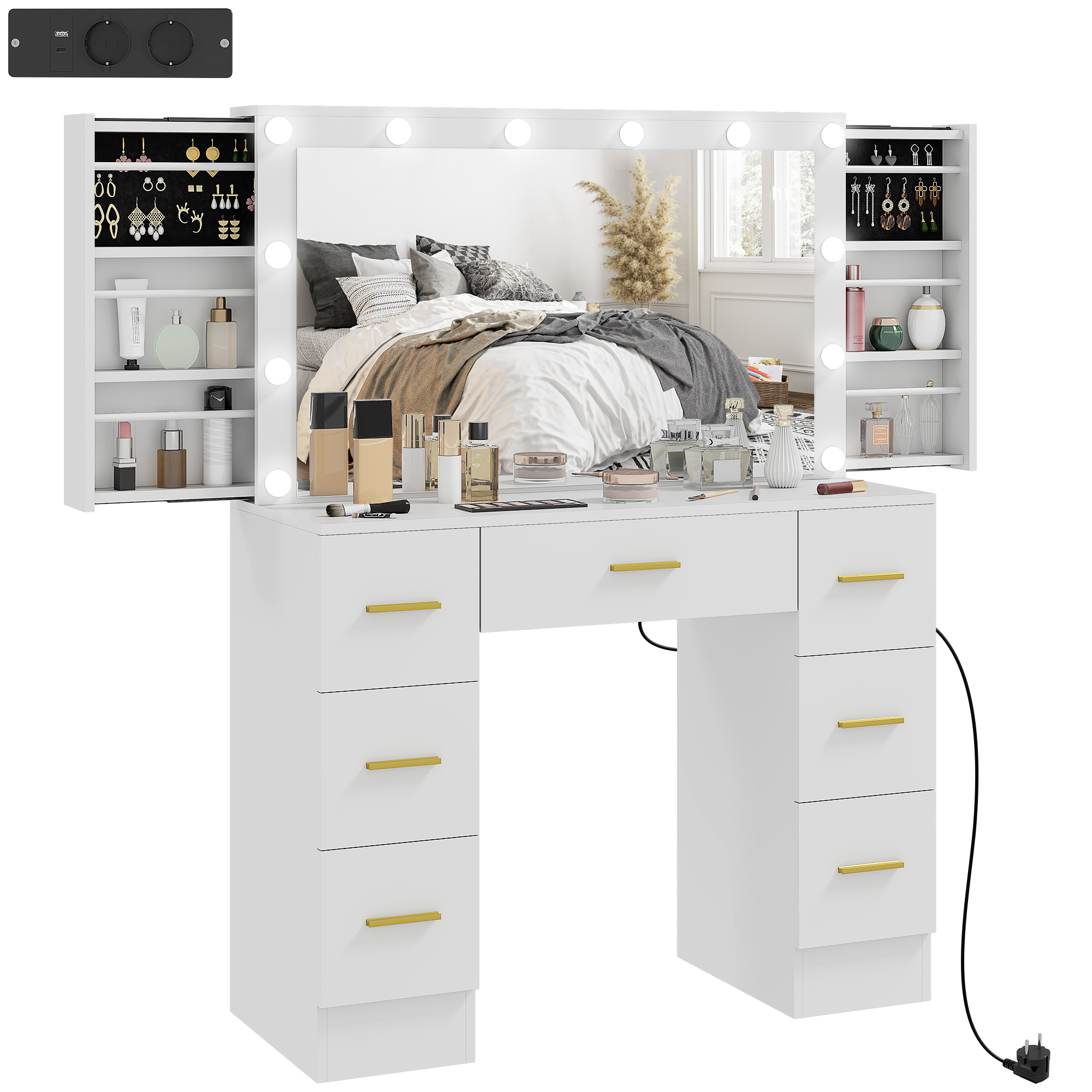 HOMCOM Schminktisch mit Spiegel und 12 LED-Lichtern, Frisiertisch mit 7 Schubladen, 6 versteckte Staufächer, Spanplatte, Weiß