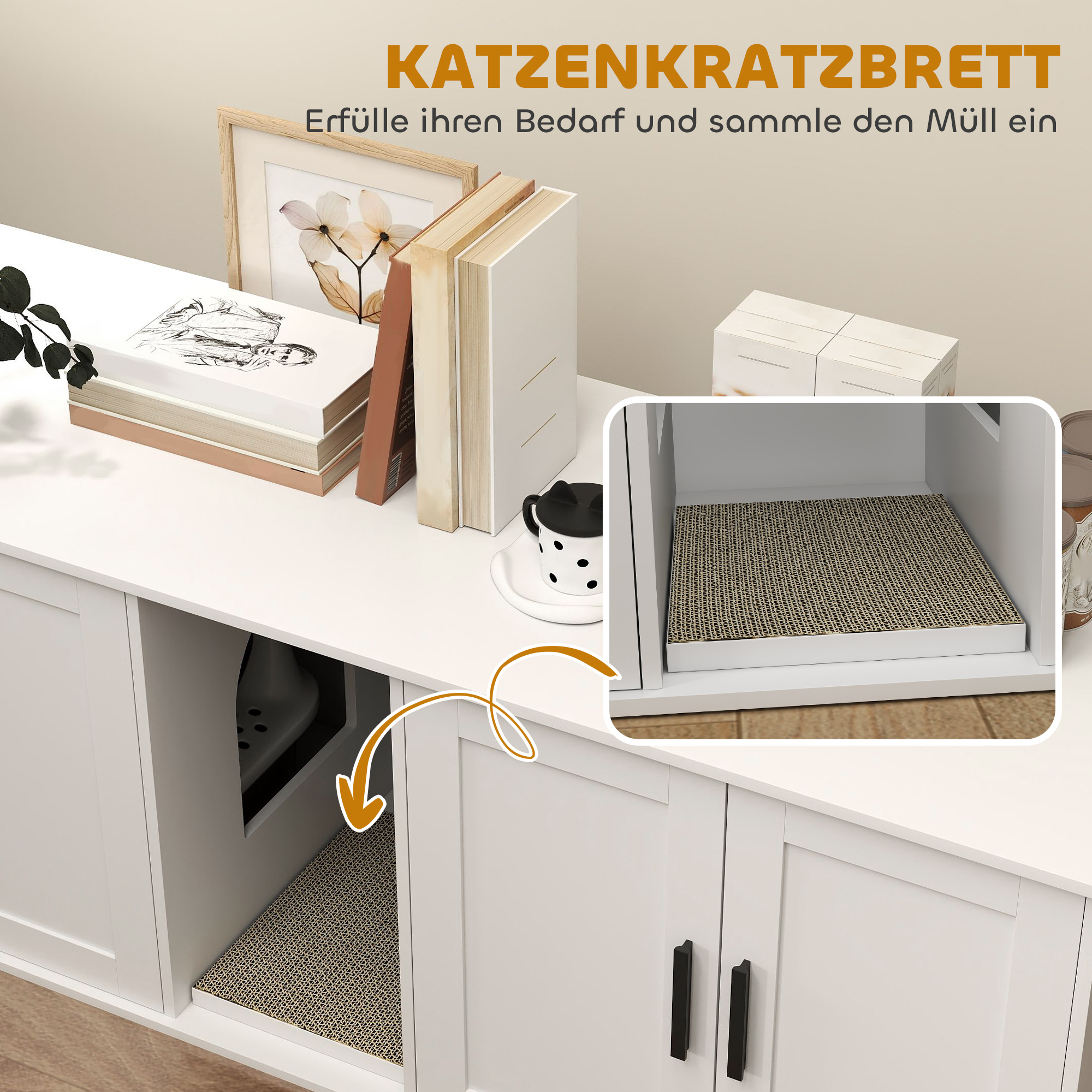 PawHut Katzenklo-Schrank Katzenhaus mit Tür Trennwand Katzentoilette für große Katzen 145 x 49 x 51 cm Weiß