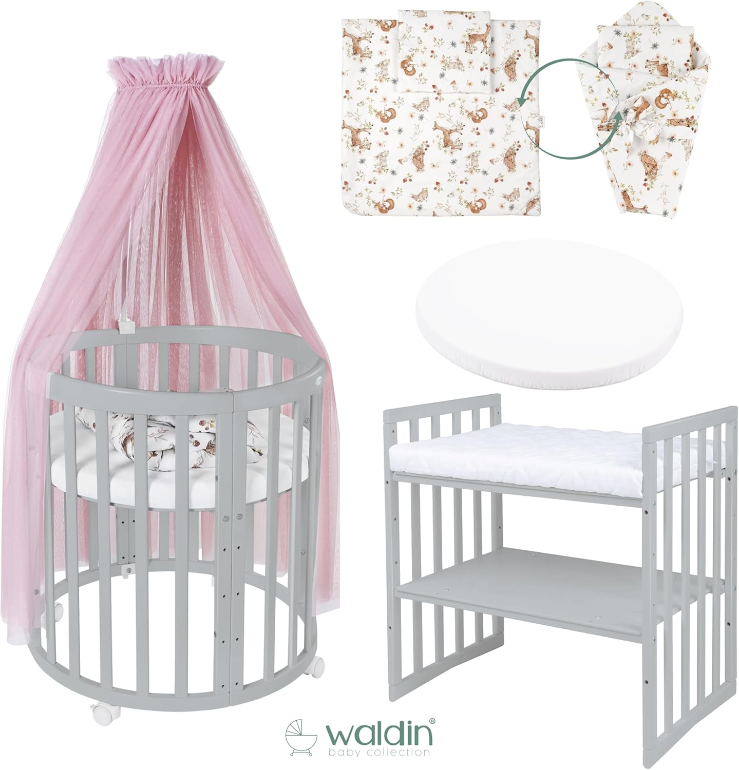 Waldin Oval Baby-Bett Mitwachsend Komplett Set 7in1, Gitterbett, Kinderbett mit Matratze, Wickelkommode, Beistellbett, Holz Weiß