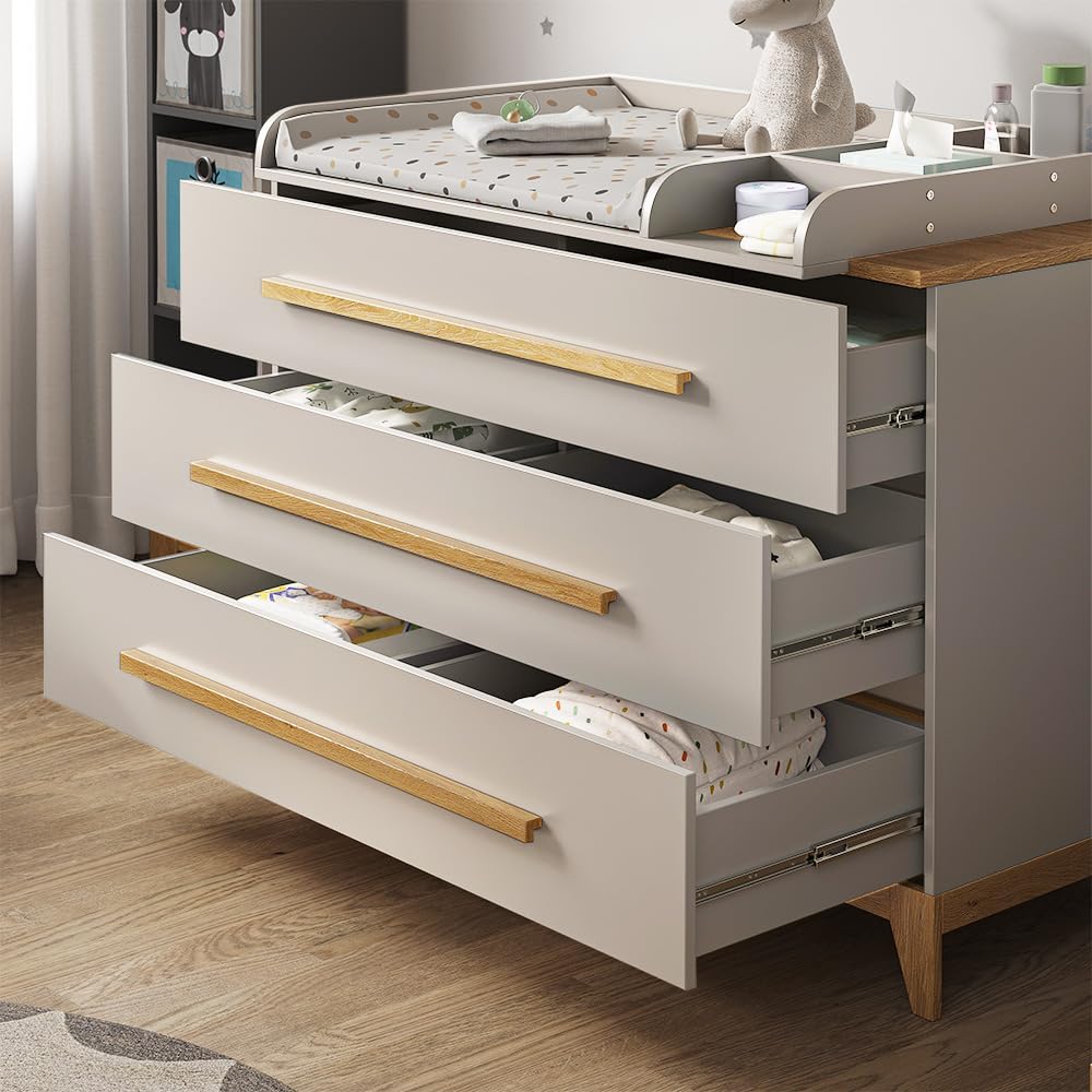 VitaliSpa Wickelkommode Malia, Weiß/Eiche, 133 x 98 cm XL mit 3 Schubladen