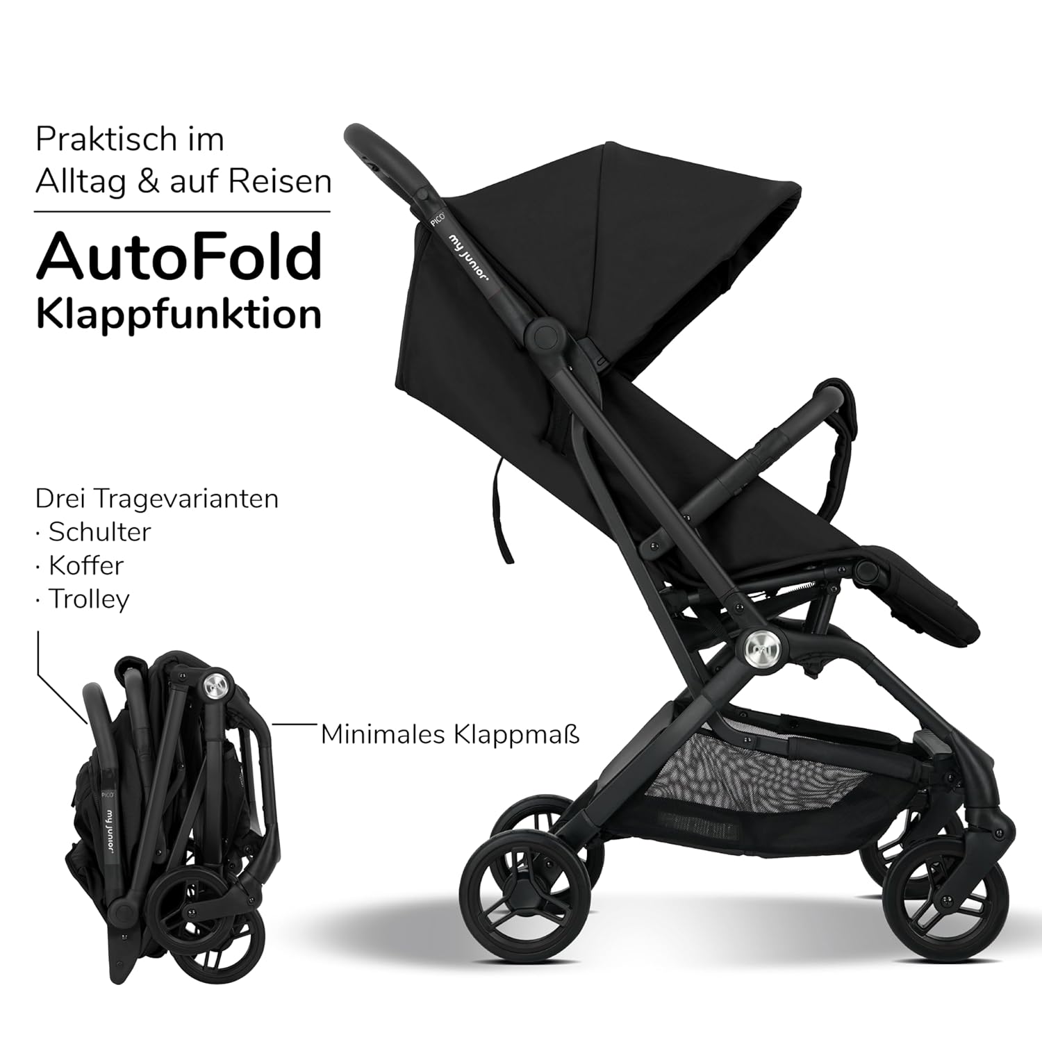 my junior Buggy PICO³ | bis 22kg | Einhand AutoFold-Klappmechanismus | Ergonomische Liegeposition nach IGR e.V. | großes Sonnenverdeck UV50+ | Handgepäckmaß | 2 Belüftungsfenster Hazel - Black