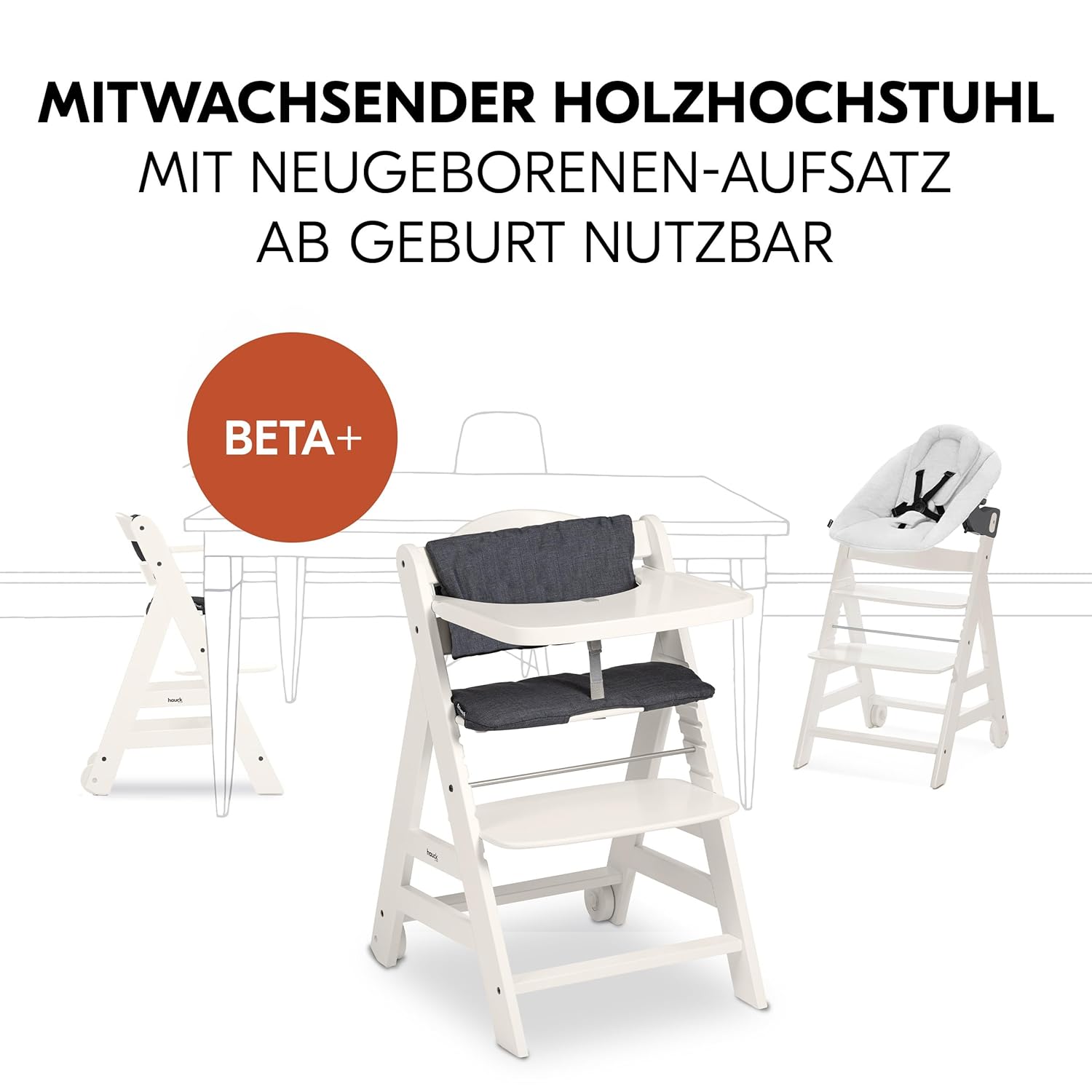 hauck Hochstuhl Beta+ Newborn Set Premium Dark Grey - Babyhochstuhl Set ab Geburt mit Neugeborenen Aufsatz Bouncer, Sitzpolster und Essbrett - Dark Grey
