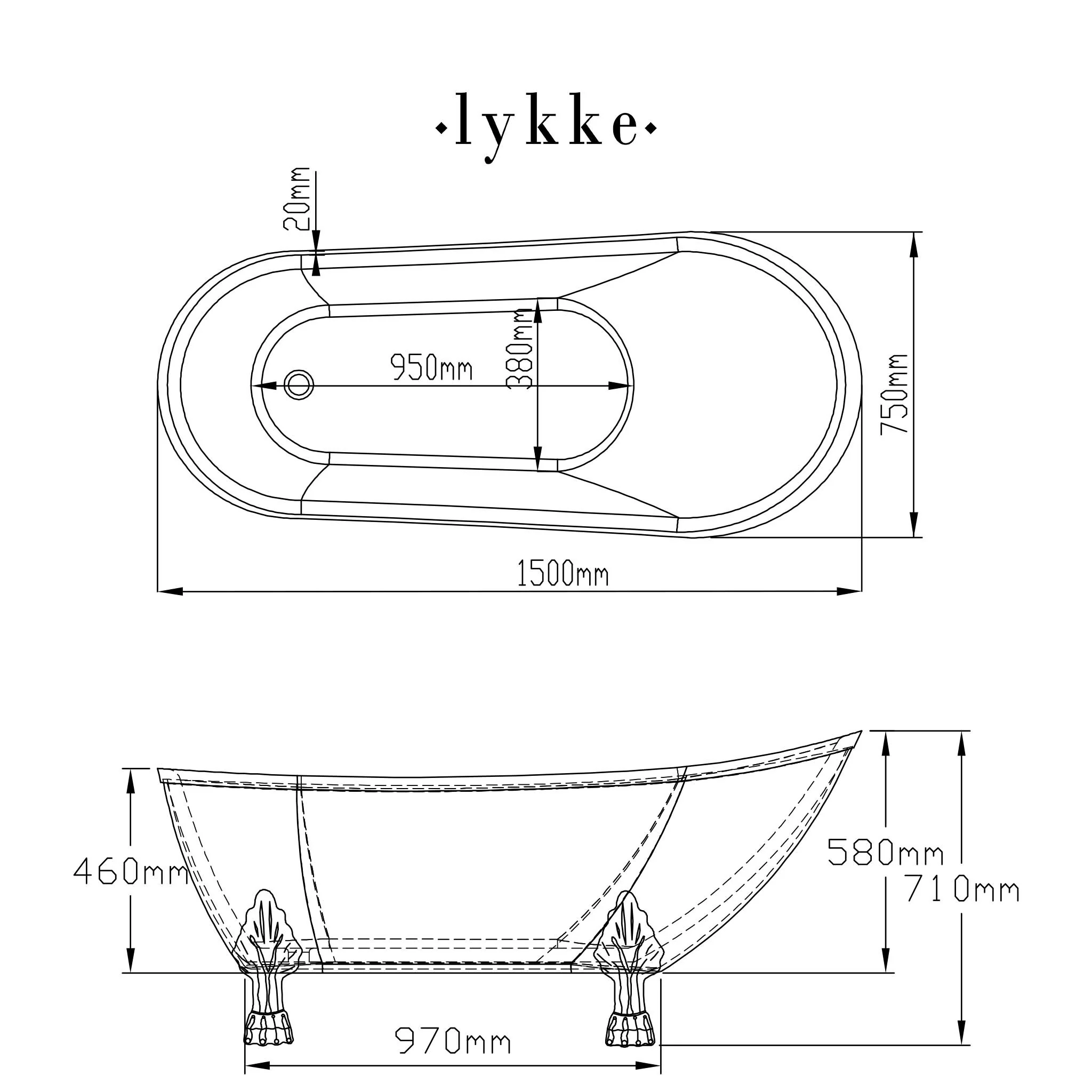 Lykke Badewanne mit Füen Nordic Deluxe 1500x750x710mm, Wei